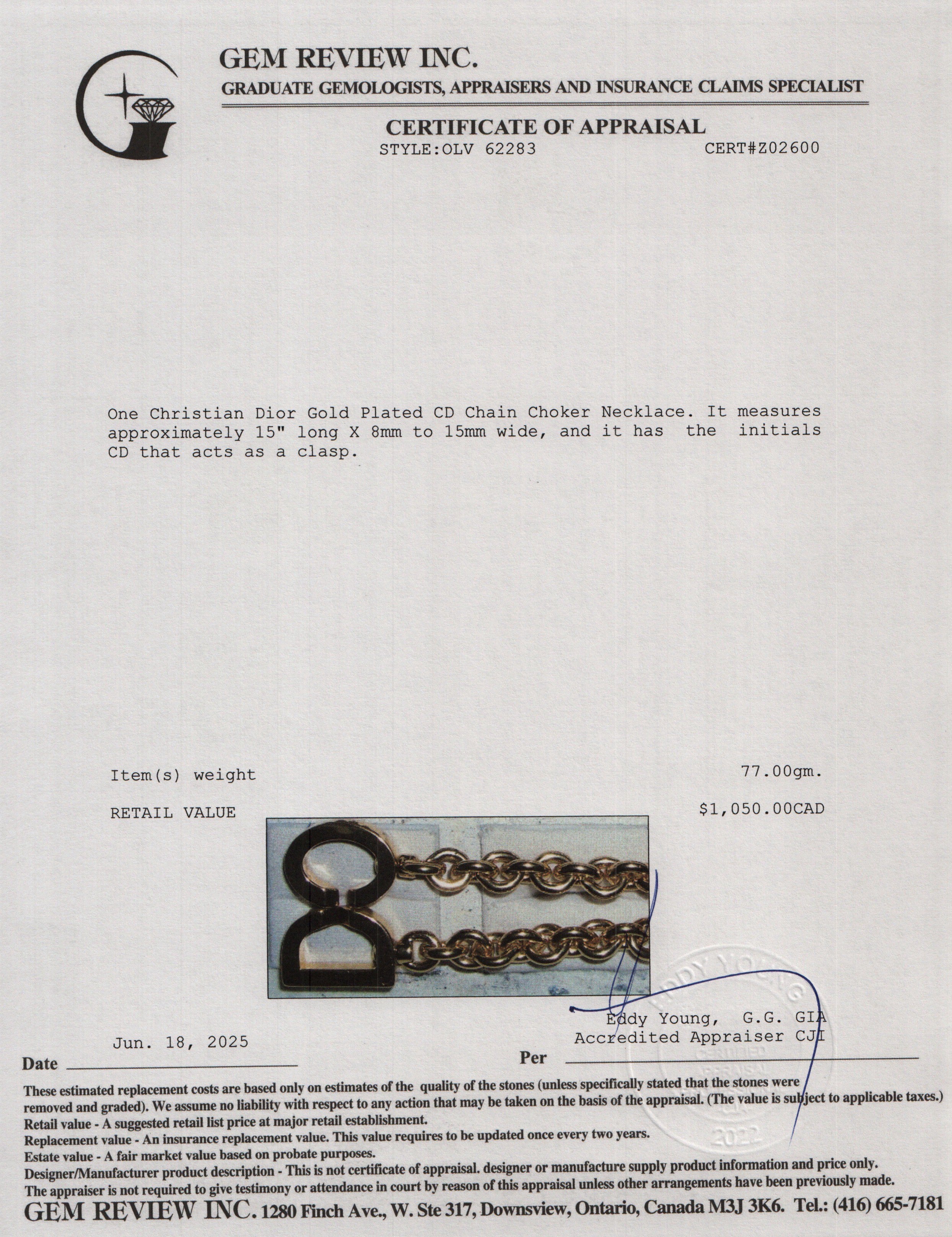 Christian Dior Gold Plated CD Chain Choker Necklace w/ Box