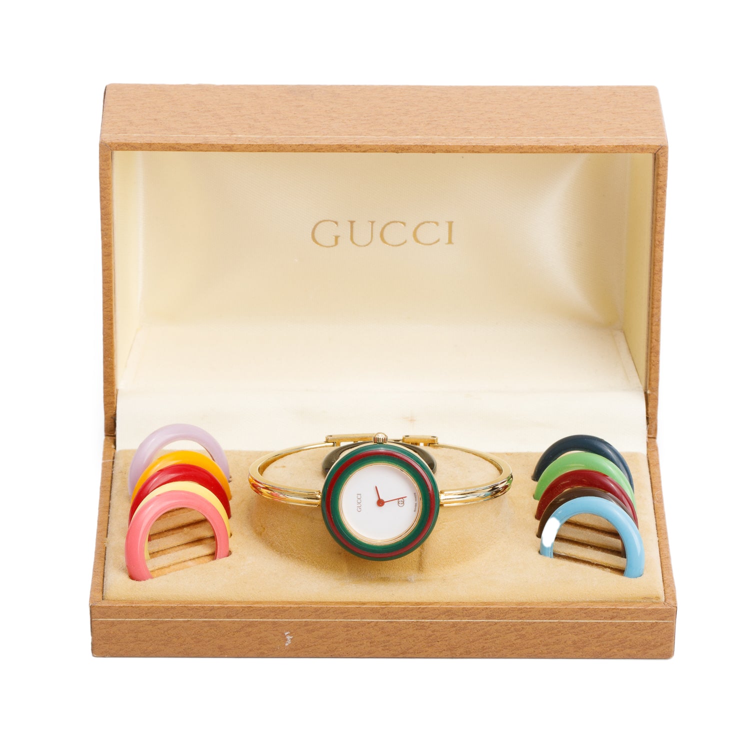Gucci Gold Plated Stainless Steel 1100 Series 26MM Watch w/ Box & 12 Multicolour Interchangeable Bezels
