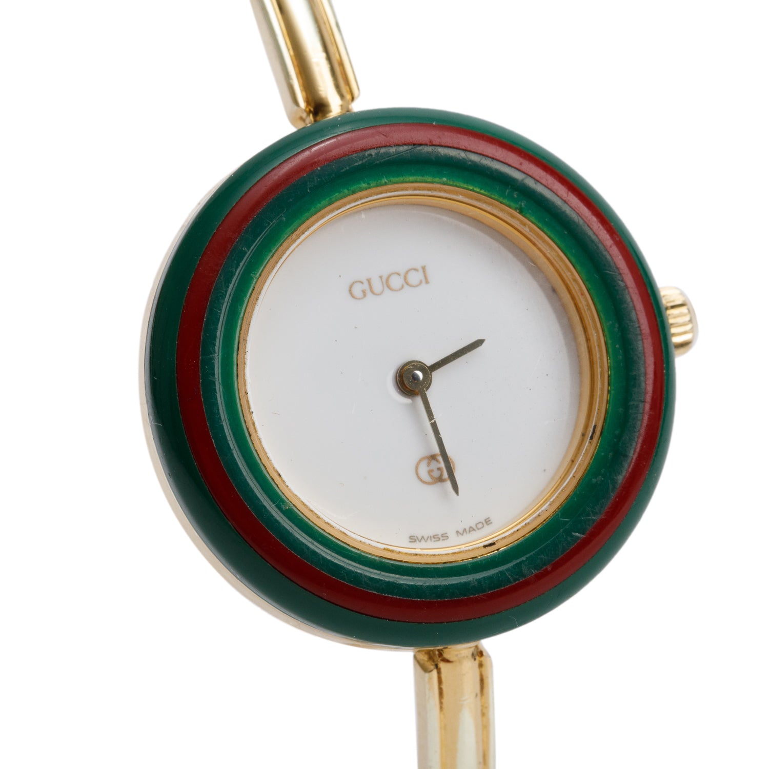 Gucci Gold Plated Stainless Steel 1100 Series 26MM Watch w/ Box & 12 Multicolour Interchangeable Bezels