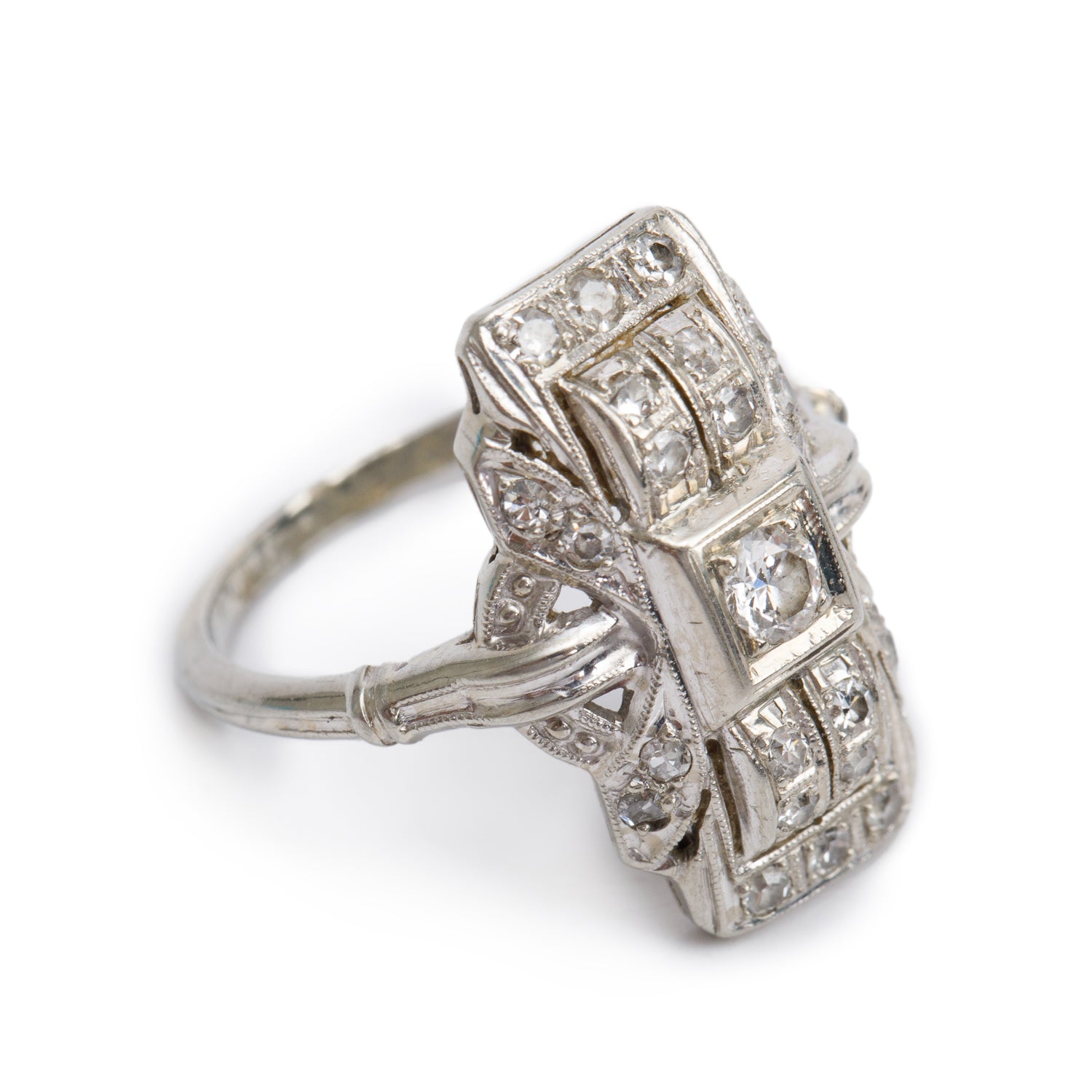 Antique 18k White Gold Diamond Filigree Ring, Size 5.5