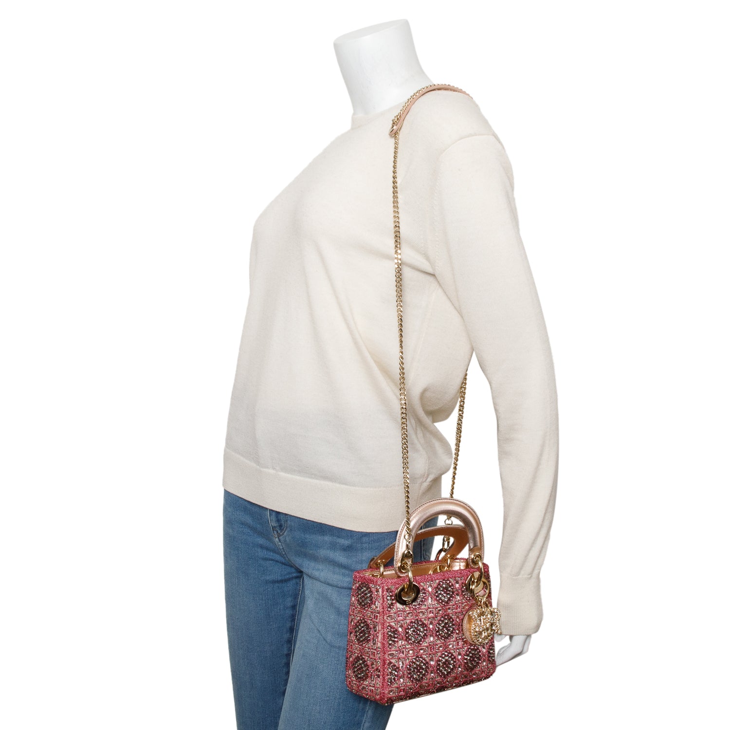 Christian Dior Pink Lambskin & Satin Embroidered Crystal Beads Mini Lady Dior Bag w/ Strap, Box & Authenticity Card