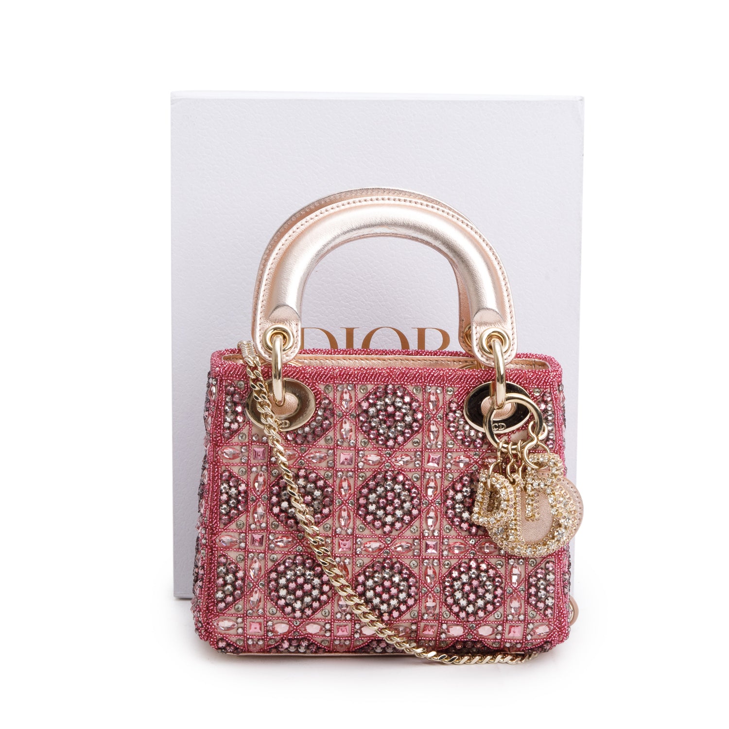 Christian Dior Pink Lambskin & Satin Embroidered Crystal Beads Mini Lady Dior Bag w/ Strap, Box & Authenticity Card