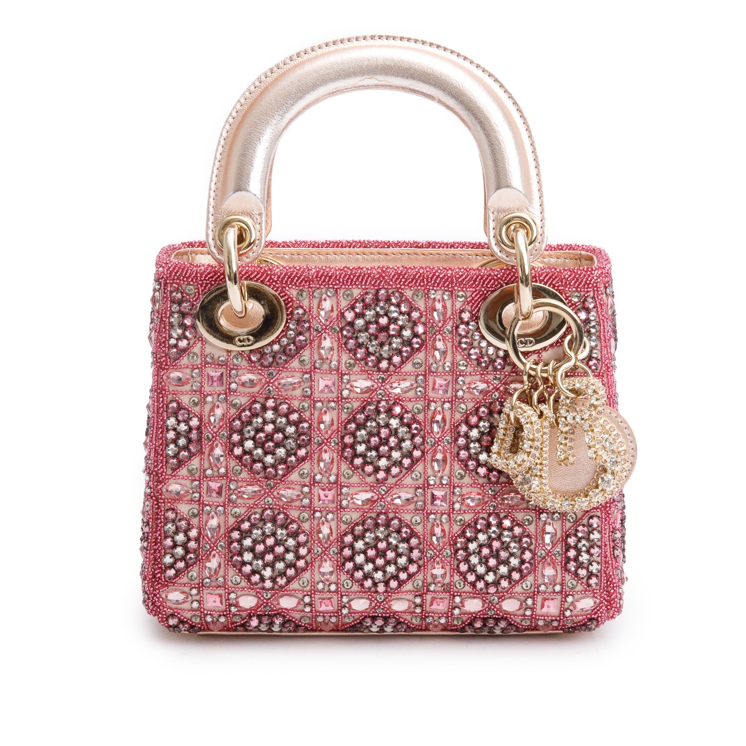 Christian Dior Pink Lambskin & Satin Embroidered Crystal Beads Mini Lady Dior Bag w/ Strap, Box & Authenticity Card