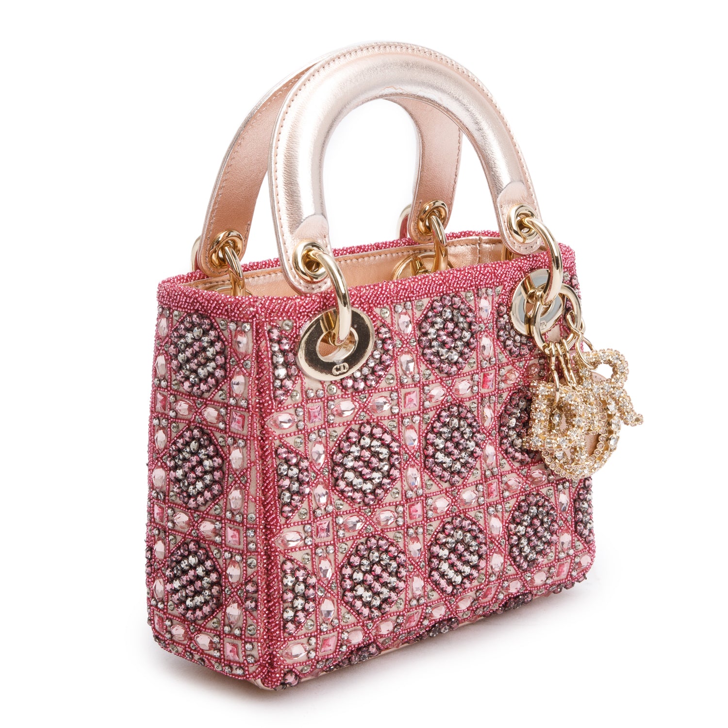 Christian Dior Pink Lambskin & Satin Embroidered Crystal Beads Mini Lady Dior Bag w/ Strap, Box & Authenticity Card