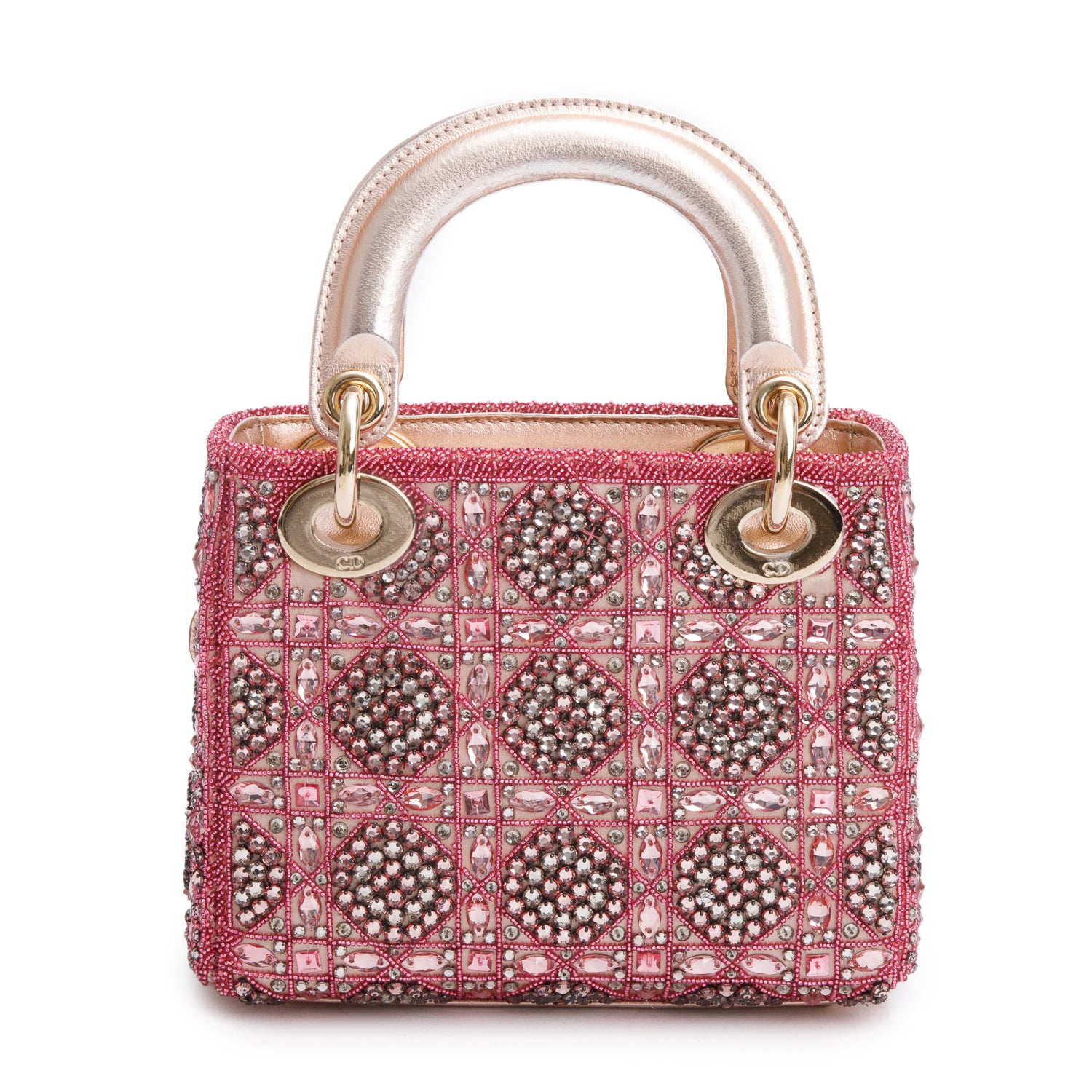 Christian Dior Pink Lambskin & Satin Embroidered Crystal Beads Mini Lady Dior Bag w/ Strap, Box & Authenticity Card