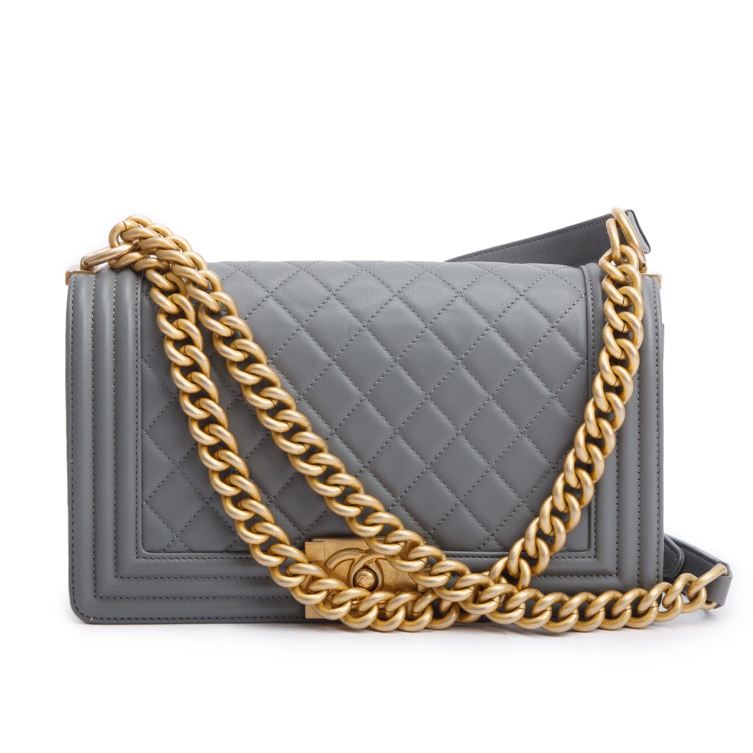 Chanel Grey Quilted Lambskin Leather Medium Boy Bag