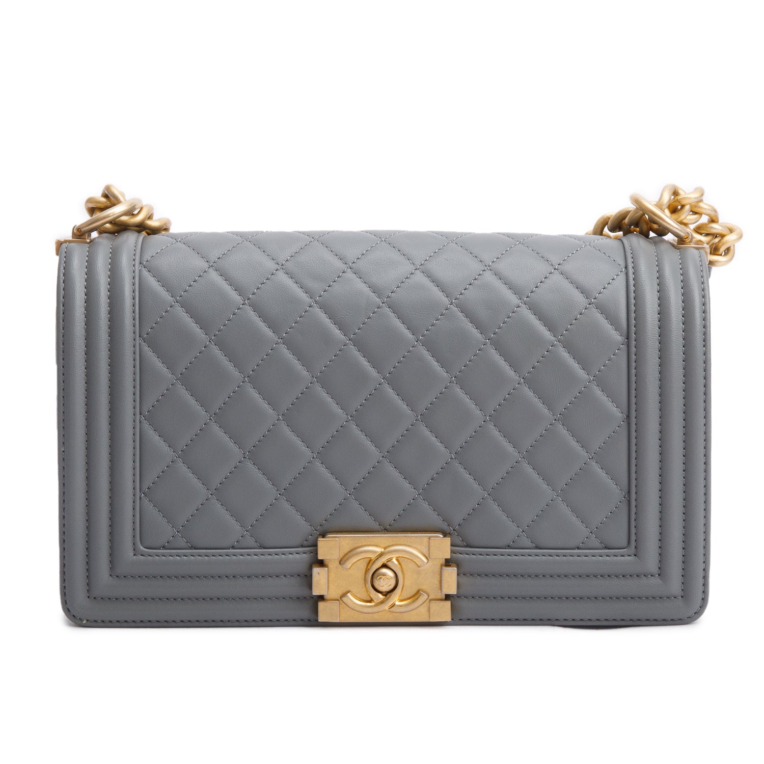 Chanel Grey Quilted Lambskin Leather Medium Boy Bag
