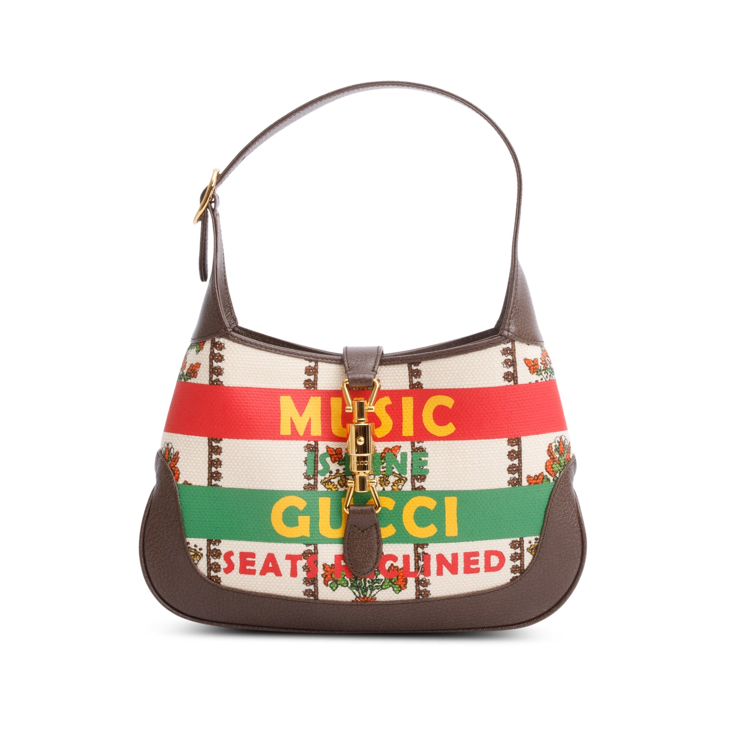 Gucci Neutral & Multicolor Music Is Mine Canvas Brown Leather Trim Small Jackie 1961 Shoulder Bag w/ Strap