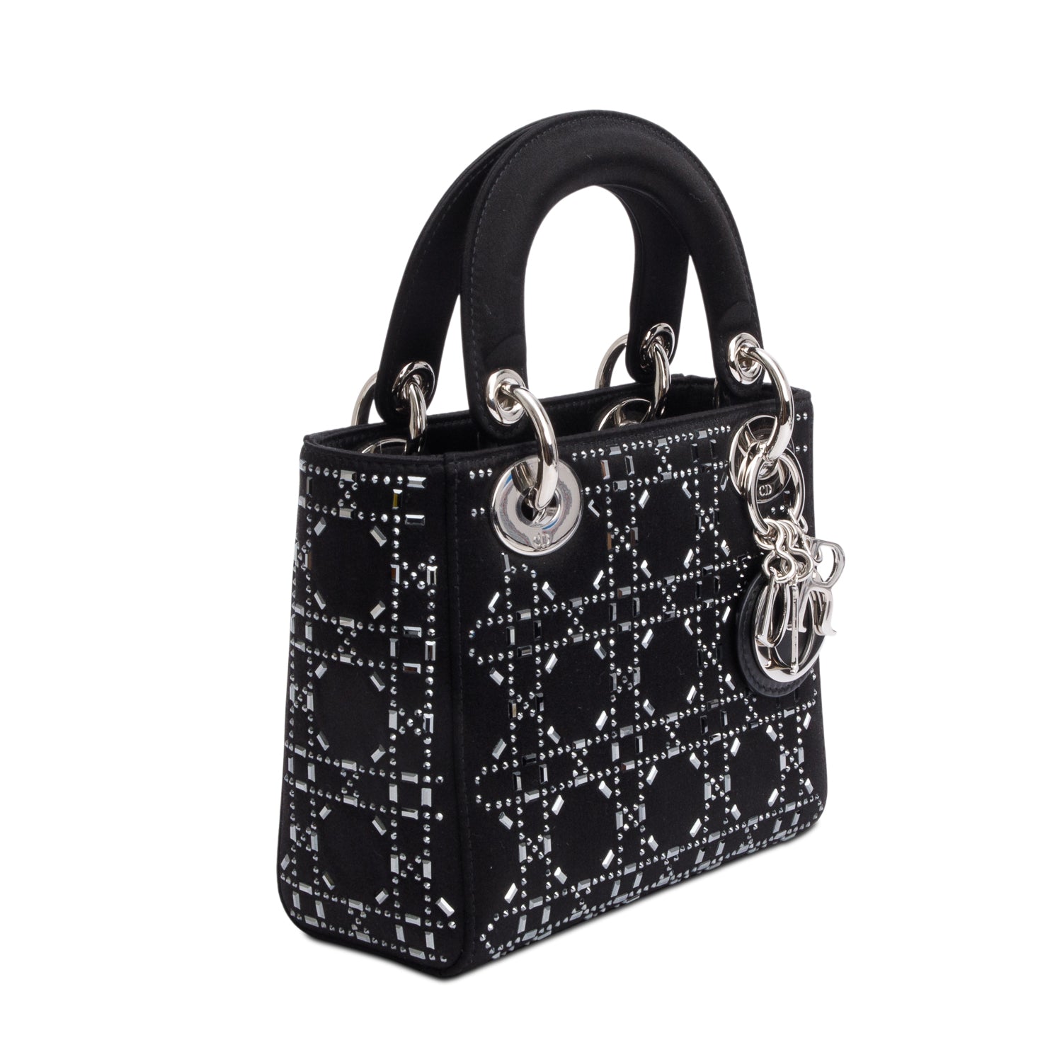 Christian Dior 2020 Black Strass Cannage Satin Mini Lady Dior Bag w/ Strap & Authenticity Card