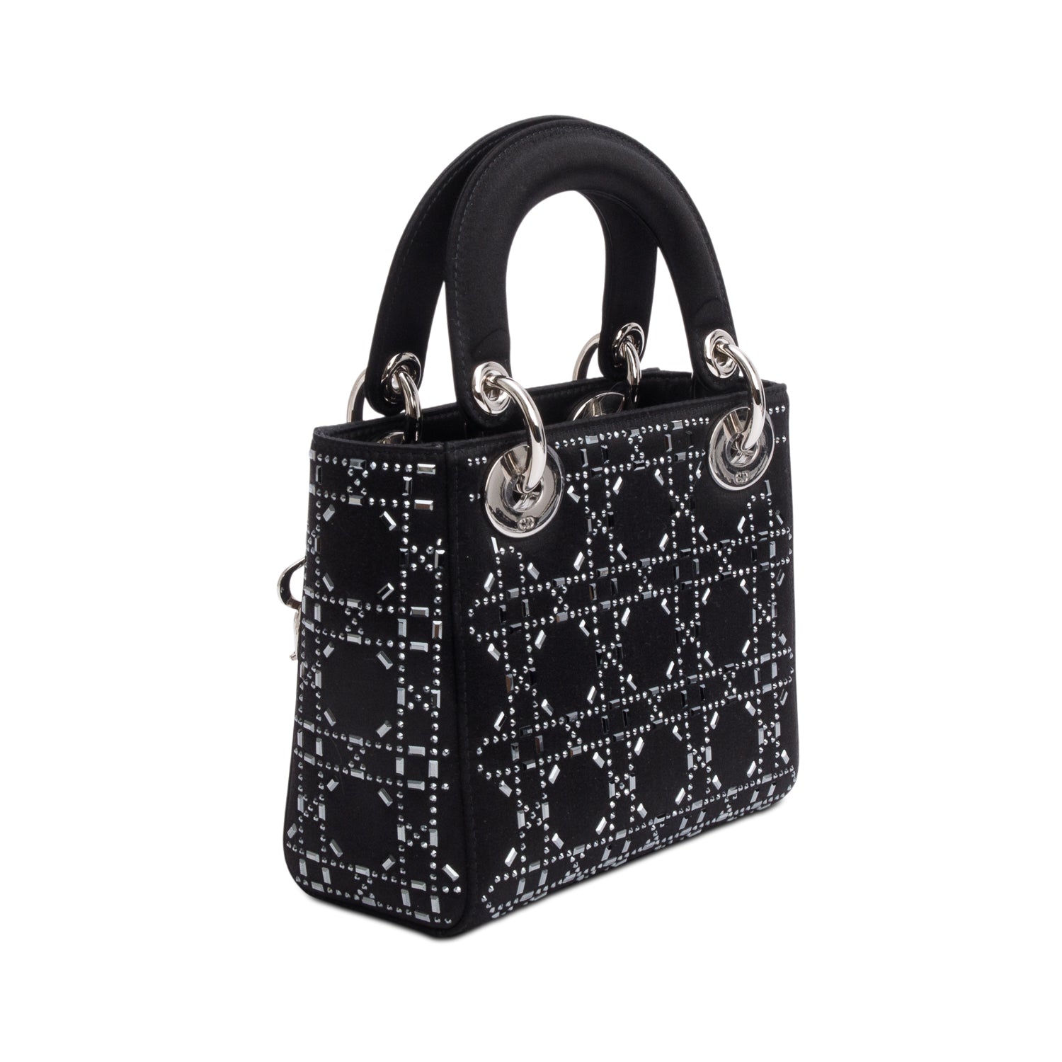 Christian Dior 2020 Black Strass Cannage Satin Mini Lady Dior Bag w/ Strap & Authenticity Card