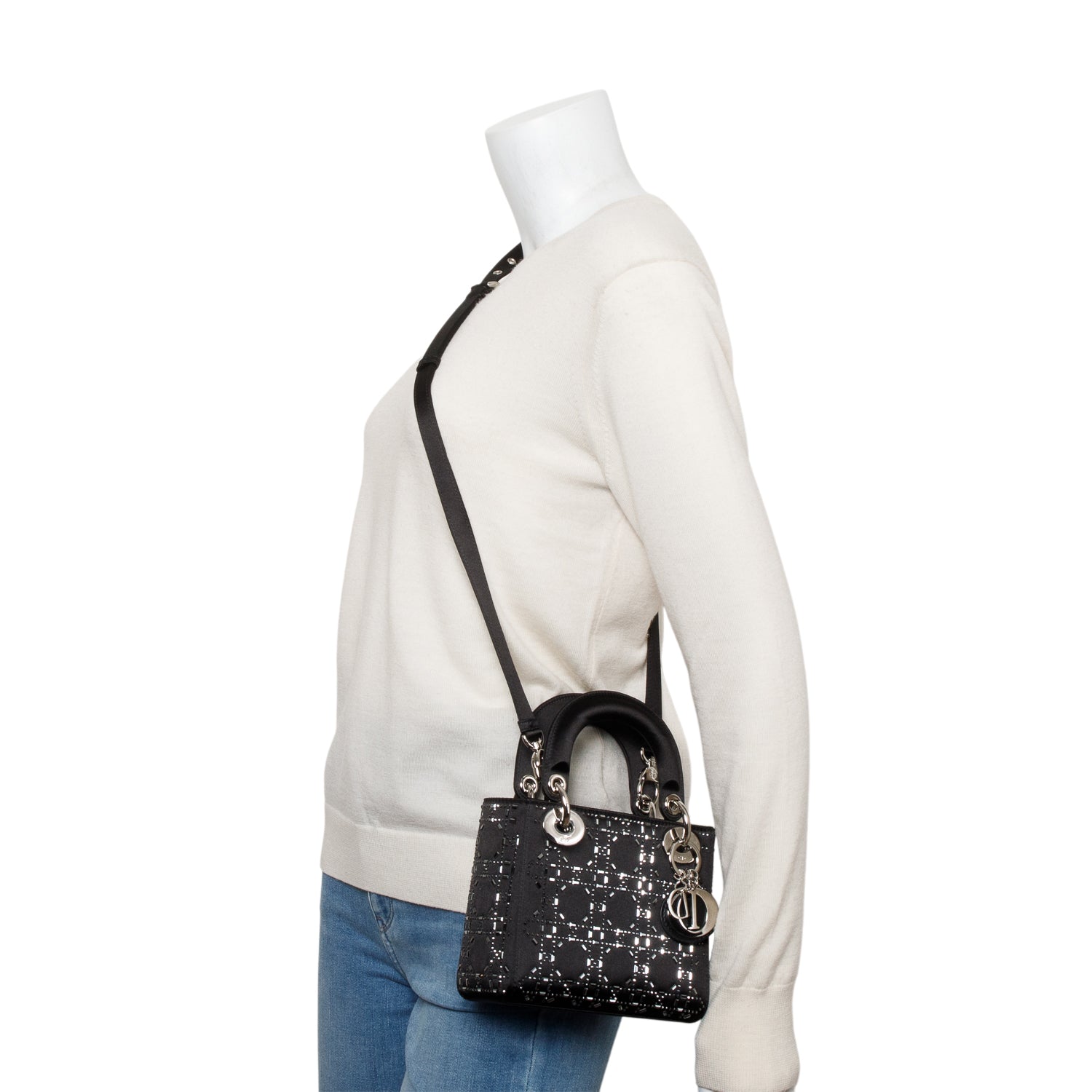 Christian Dior 2020 Black Strass Cannage Satin Mini Lady Dior Bag w/ Strap & Authenticity Card