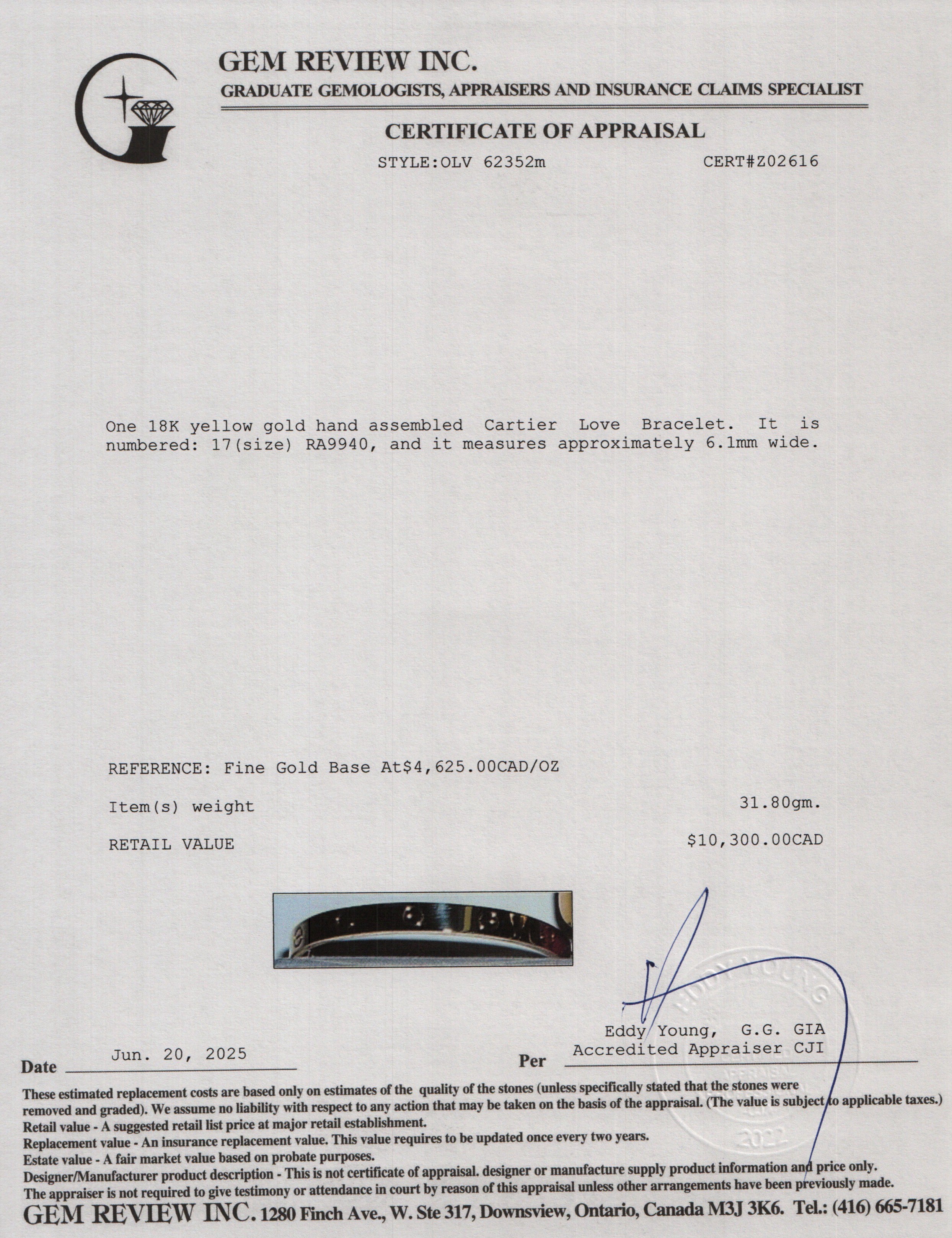 Cartier 18k Yellow Gold Love Bracelet, Classic Model, Size 17 w/ Box & Receipt