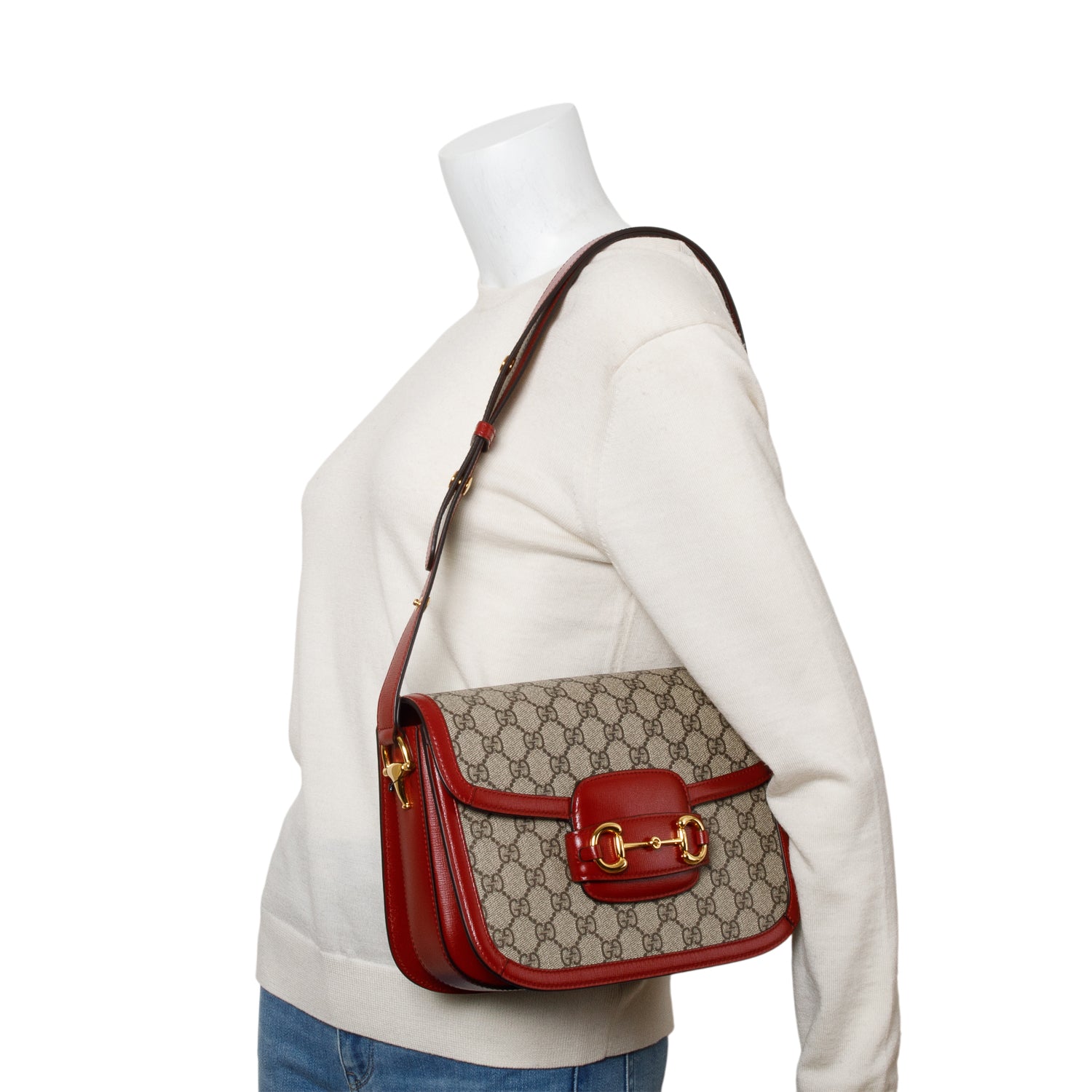 Gucci GG Supreme Canvas Red Leather Trim Horsebit 1955 Small Shoulder Bag
