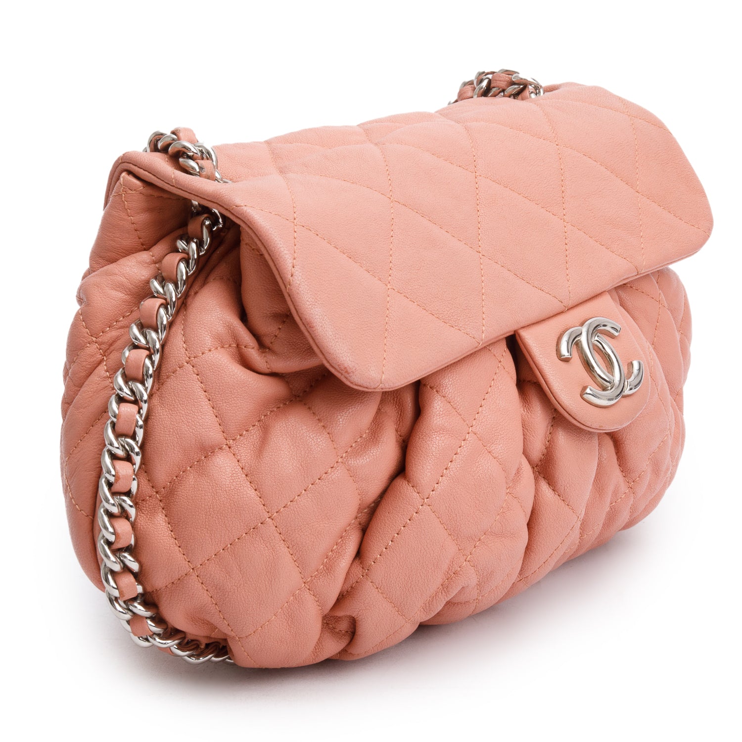 Chanel Pink Quilted Calfskin Leather Medium Chain Around Flap Bag w/ Authenticity Card