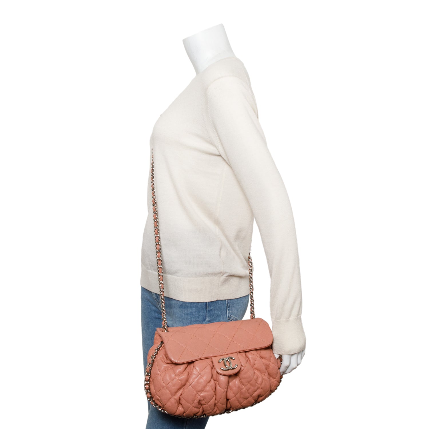 Chanel Pink Quilted Calfskin Leather Medium Chain Around Flap Bag w/ Authenticity Card