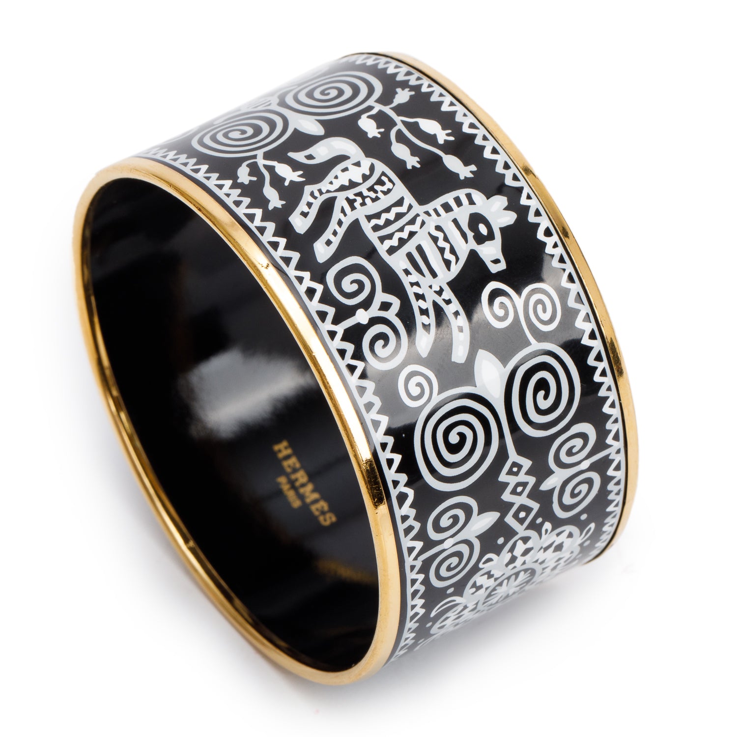 Hermes Gold-Plated Black & White Enamel Extra Wide Bangle