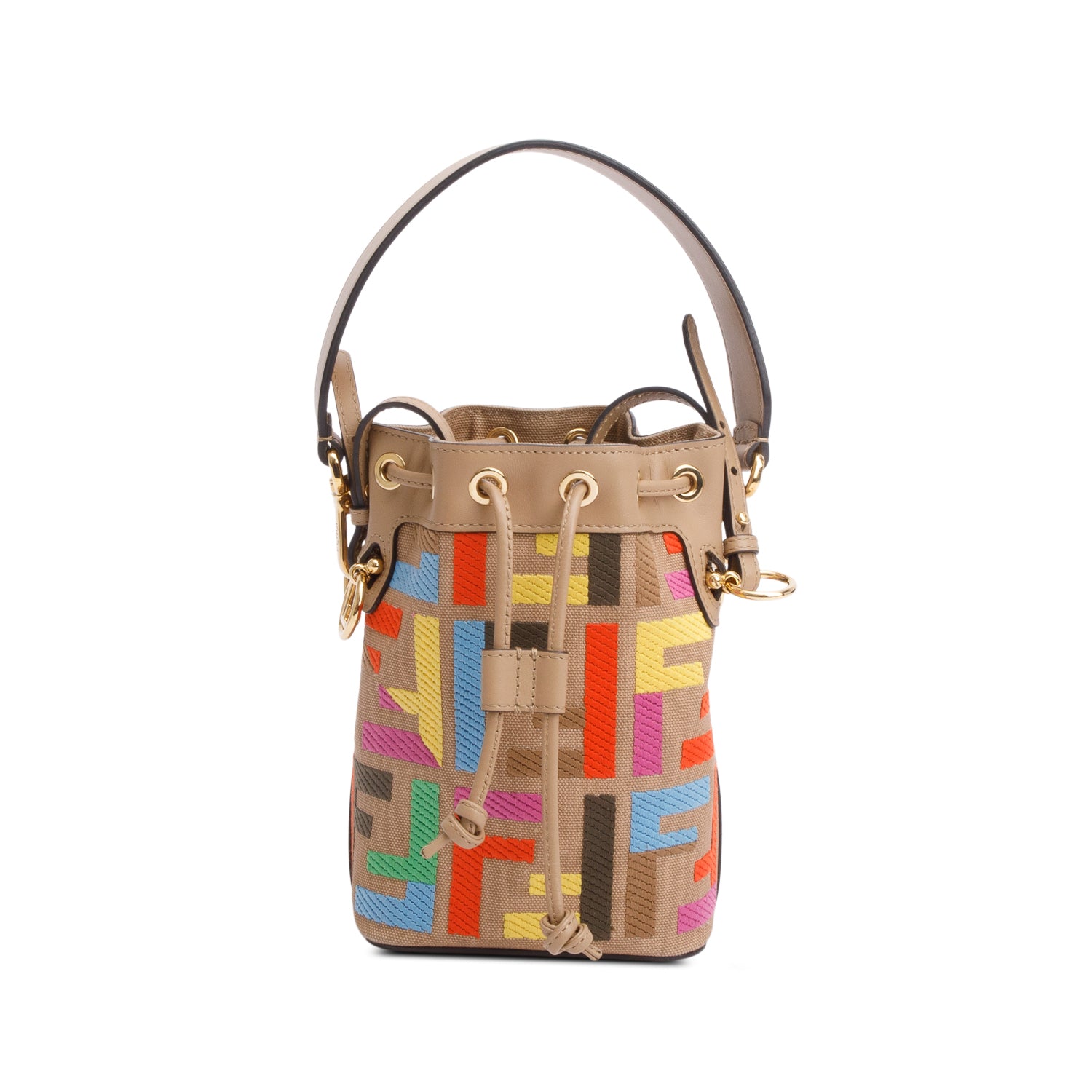 Fendi Beige/Multicolor FF Embroidered Canvas F is Fendi Mini Mon Tresor Bucket Bag w/ Strap