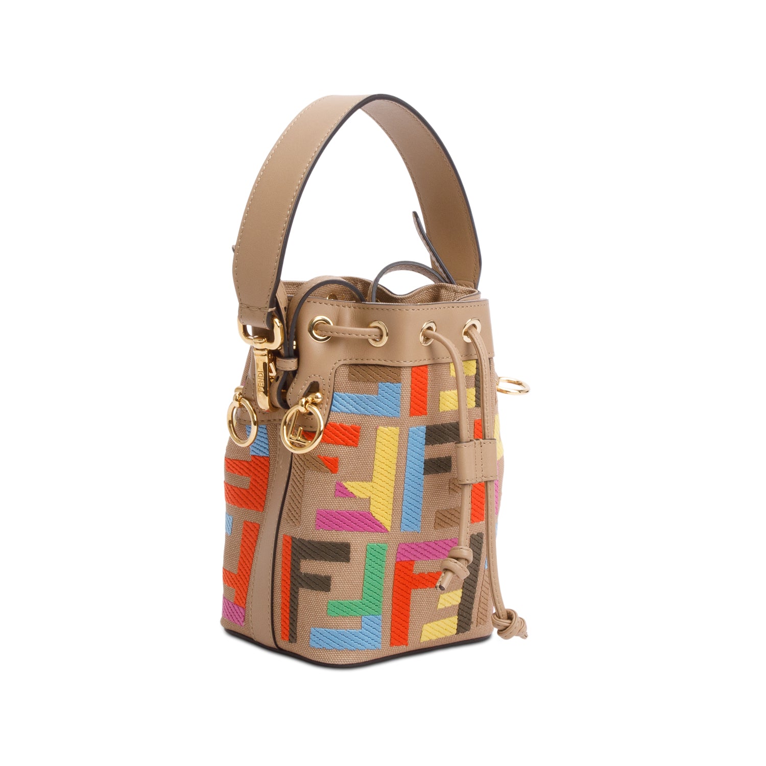 Fendi Beige/Multicolor FF Embroidered Canvas F is Fendi Mini Mon Tresor Bucket Bag w/ Strap
