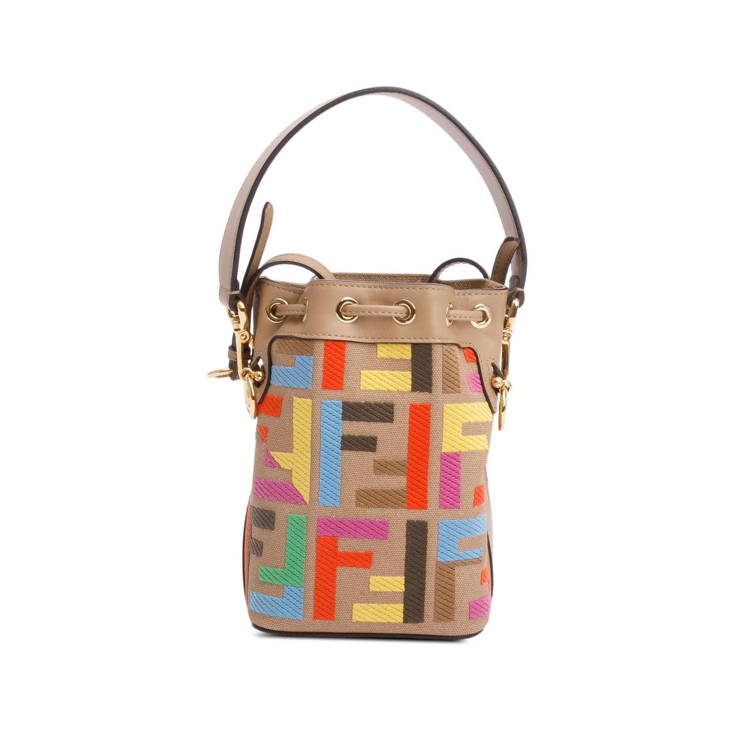 Fendi Beige/Multicolor FF Embroidered Canvas F is Fendi Mini Mon Tresor Bucket Bag w/ Strap