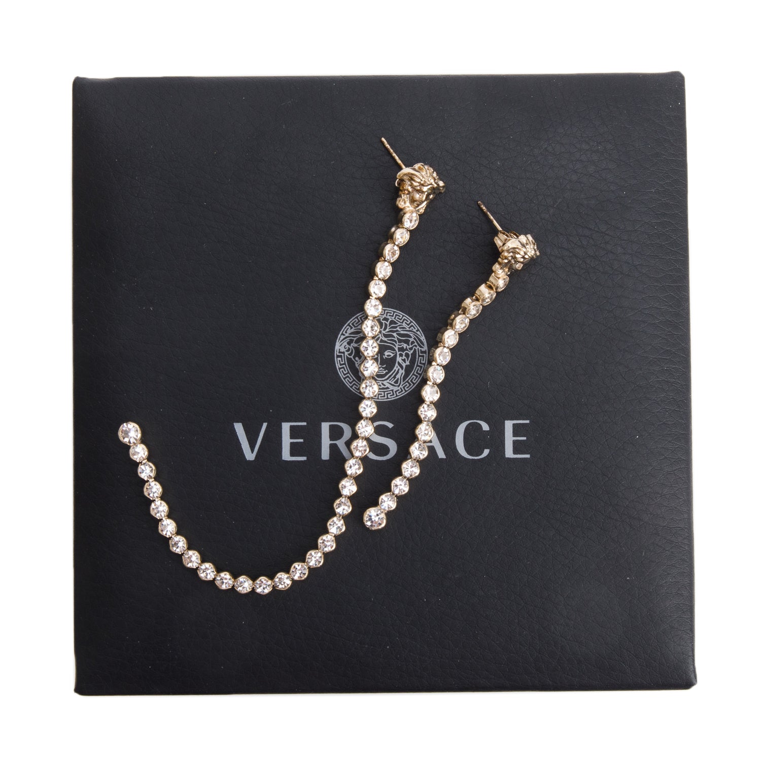 Versace Gold Plated Crystal Asymmetric Medusa Drop Earrings w/ Box & Papers
