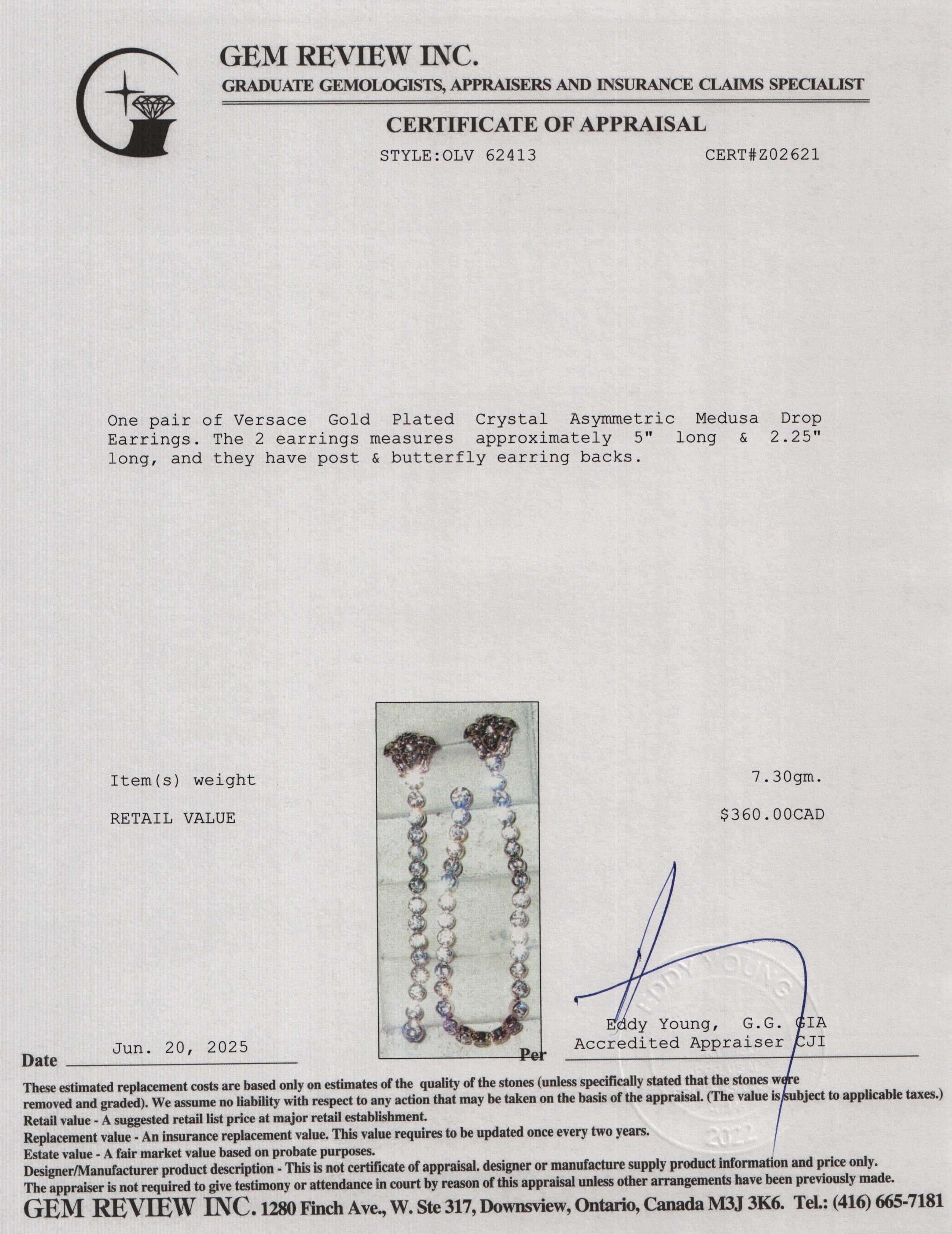 Versace Gold Plated Crystal Asymmetric Medusa Drop Earrings w/ Box & Papers