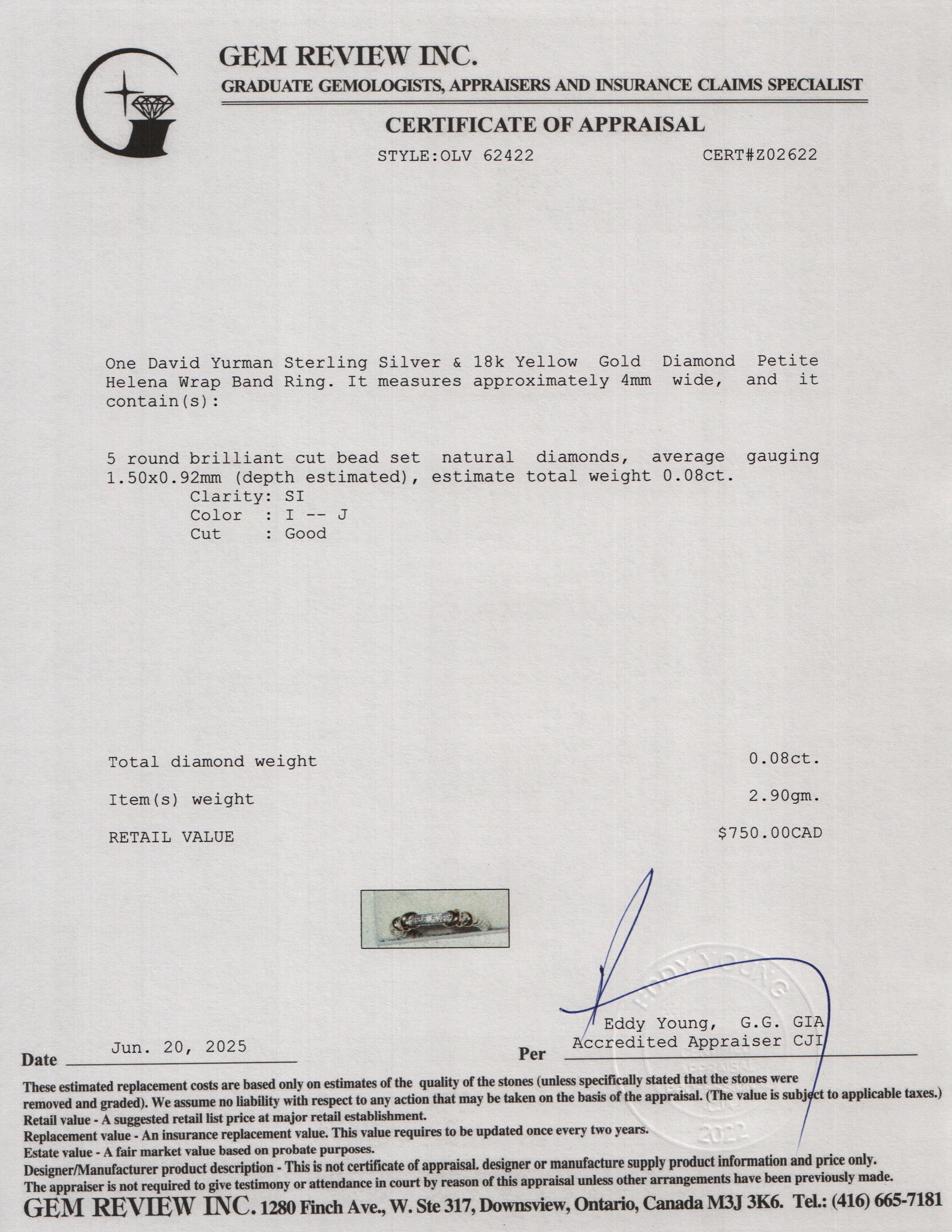 David Yurman Sterling Silver & 18k Yellow Gold Diamond Petite Helena Wrap Band Ring, Size 7 w/ Box