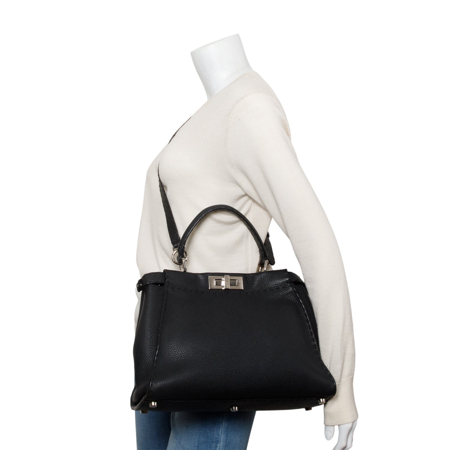 Fendi Black Leather Romano Selleria Medium Peekaboo Bag w/ Strap