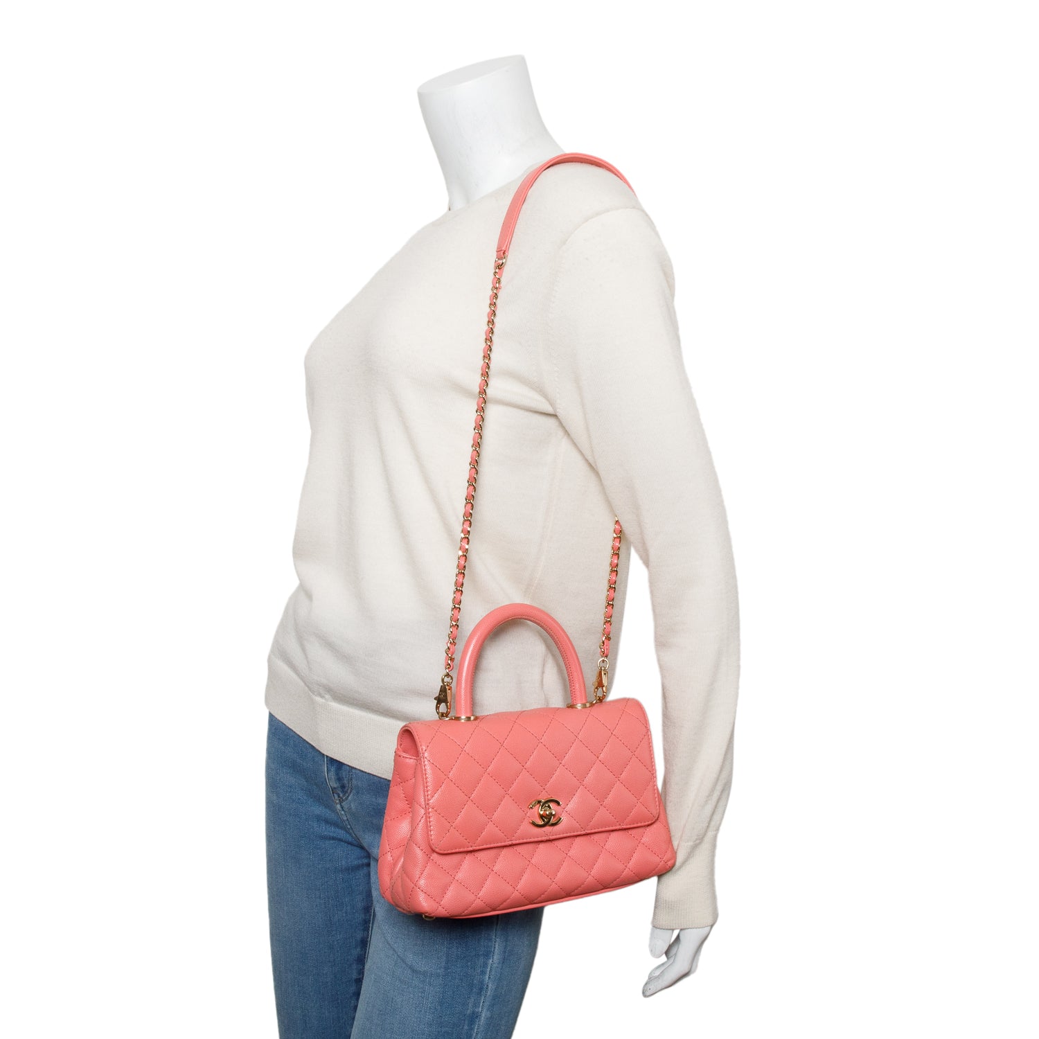Chanel Pink Quilted Caviar Leather Small Coco Handle Bag w/ Strap