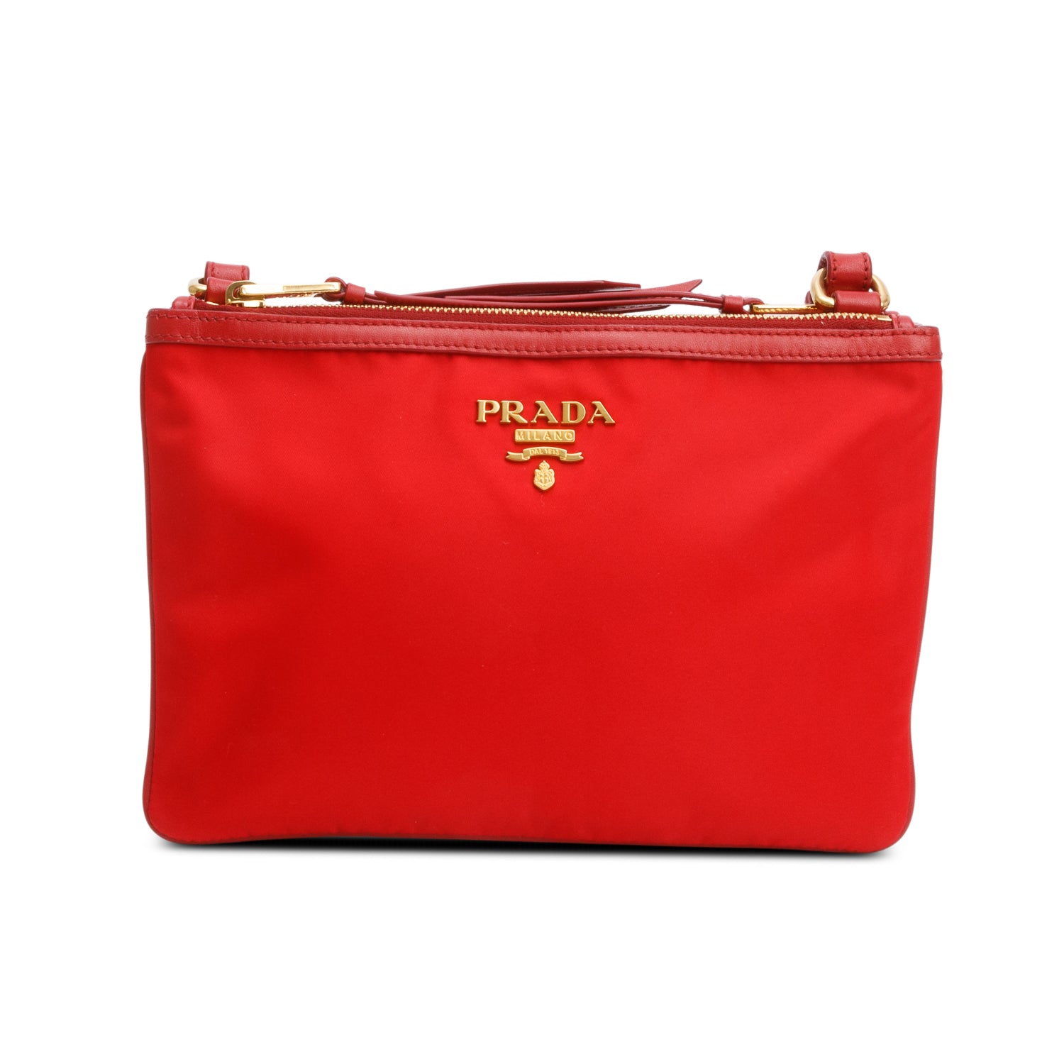 Prada Red Soft Calf Leather Tessuto Nylon Small Double Zip Crossbody Bag w/ Authenticity Card