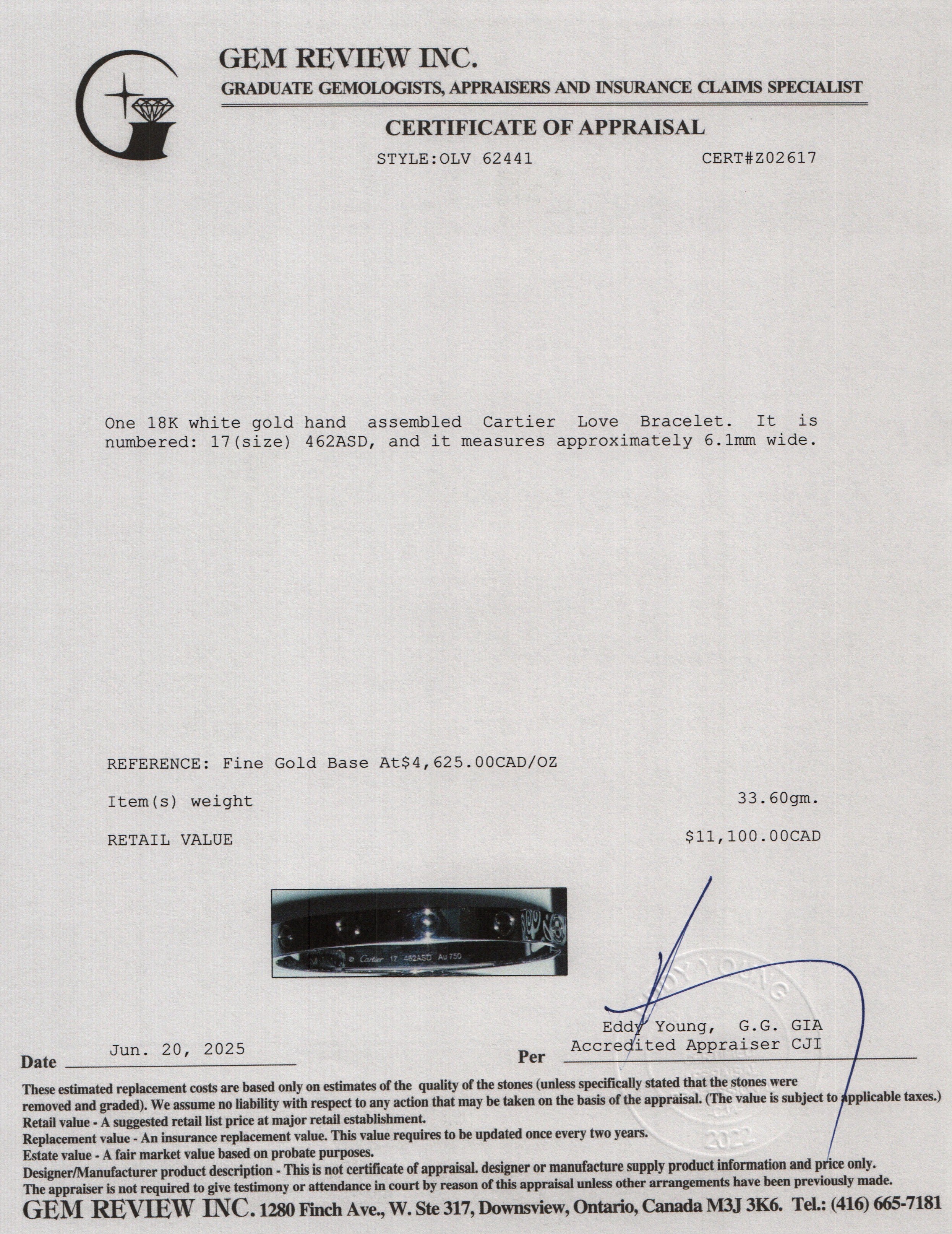 Cartier 2024 18k White Gold Love Bracelet, Size 17 w/ Box, Receipt & Certificate