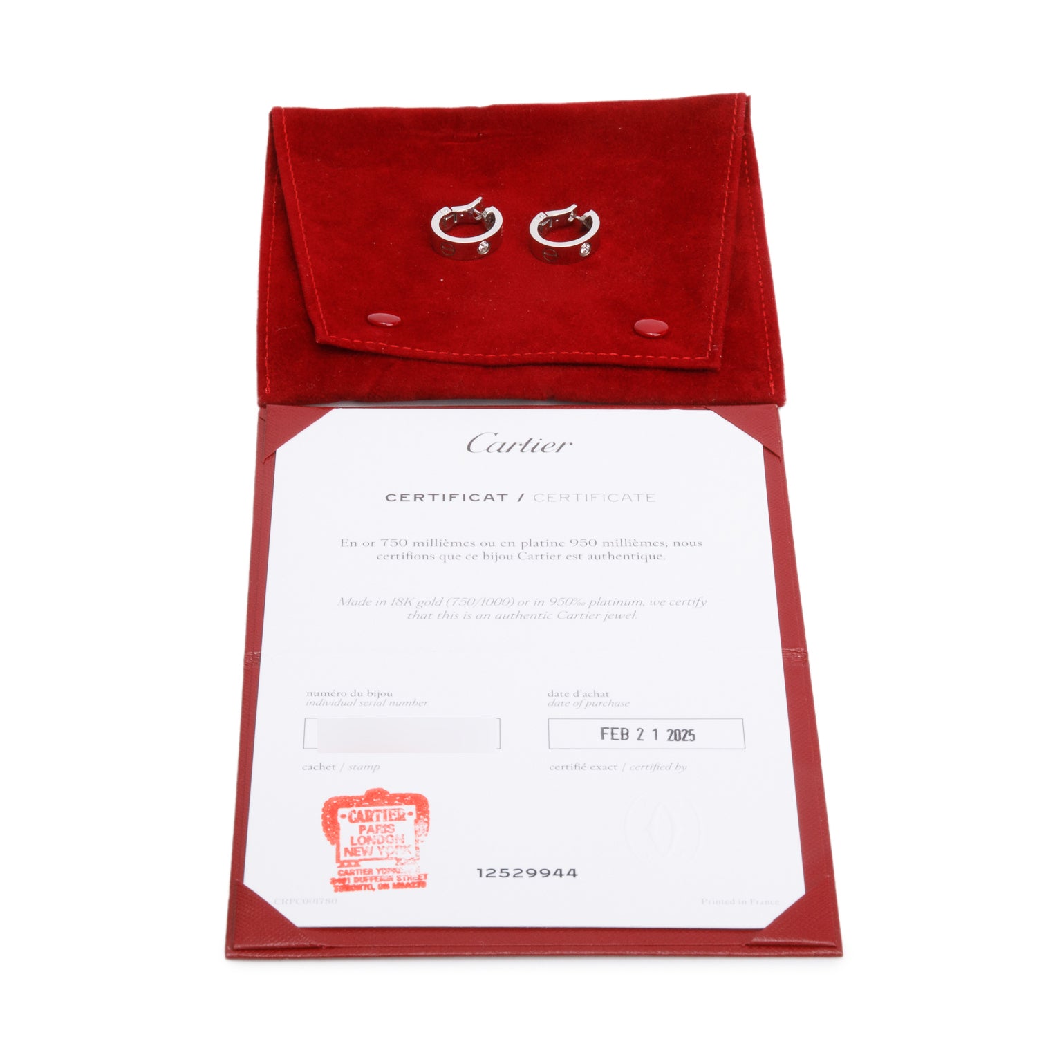 Cartier 2025 18k White Gold 2 Diamond Love Hoop Earrings, Classic Model w/ Receipt & Certificate
