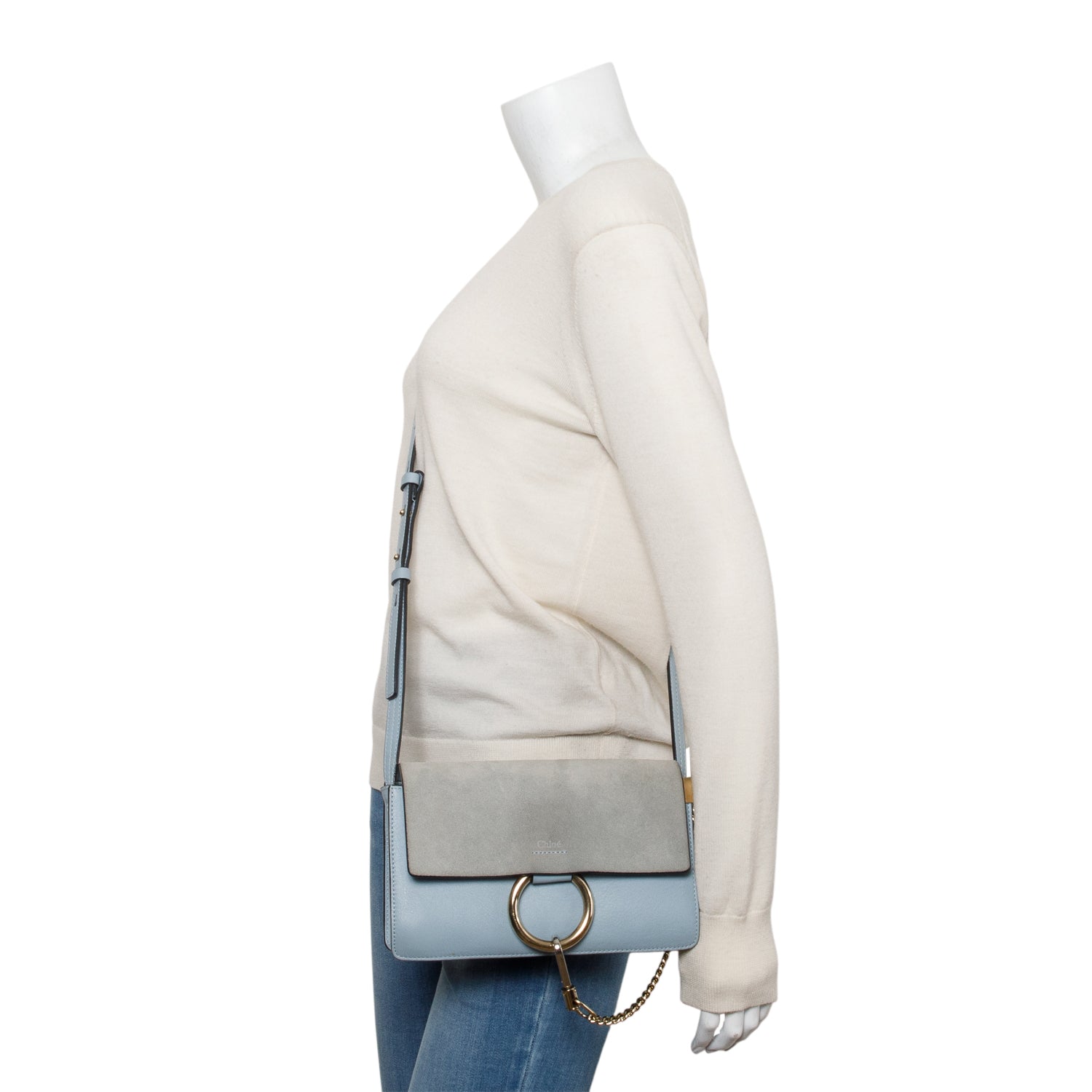 Chloe Blue Suede & Calfskin Leather Small Faye Shoulder Bag