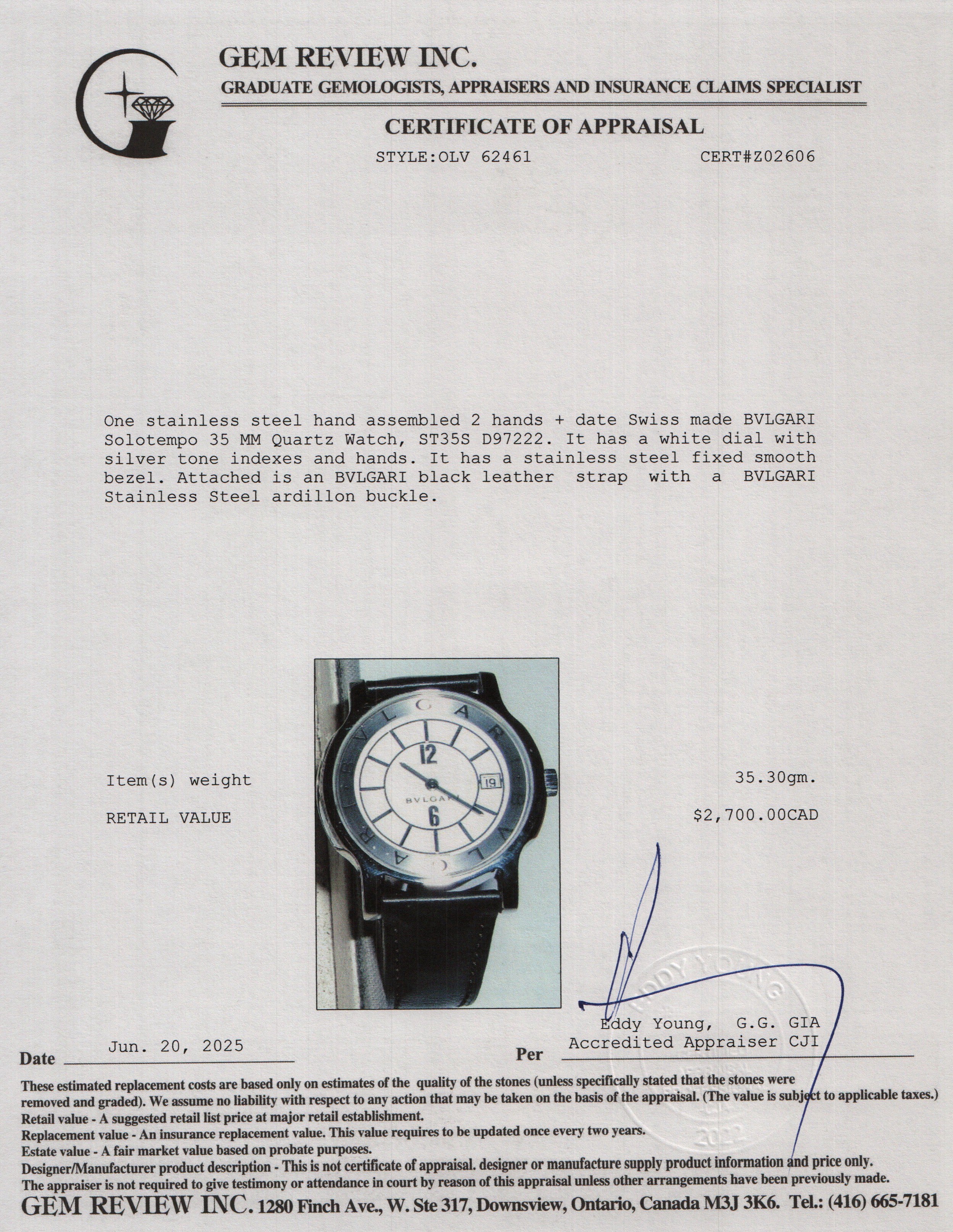 BVLGARI Stainless Steel Solotempo 35 MM Quartz Watch w/ Box & Papers