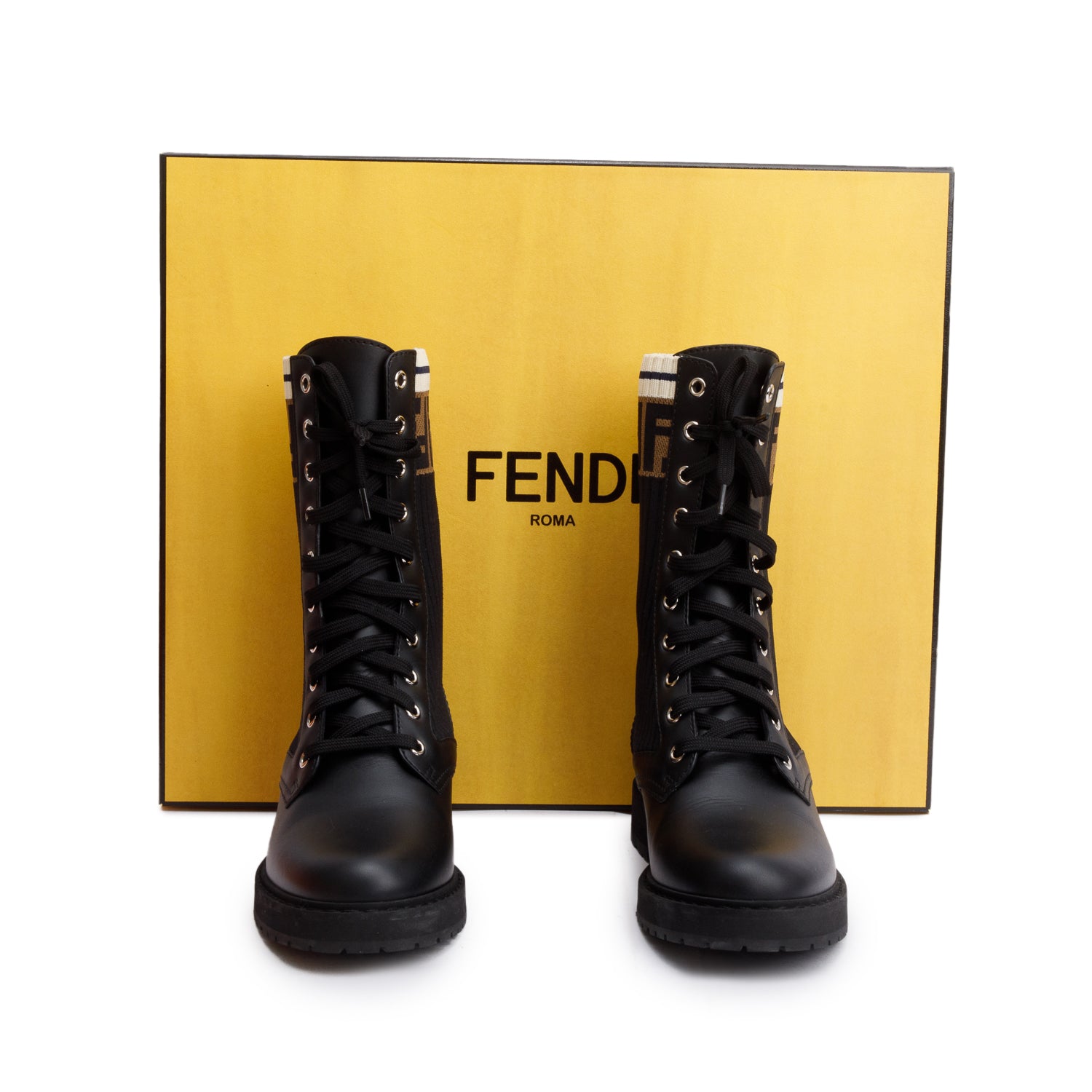 Fendi Black Leather FF Stretch Fabric Rockoko Biker Boots, Size 38 w/ Box