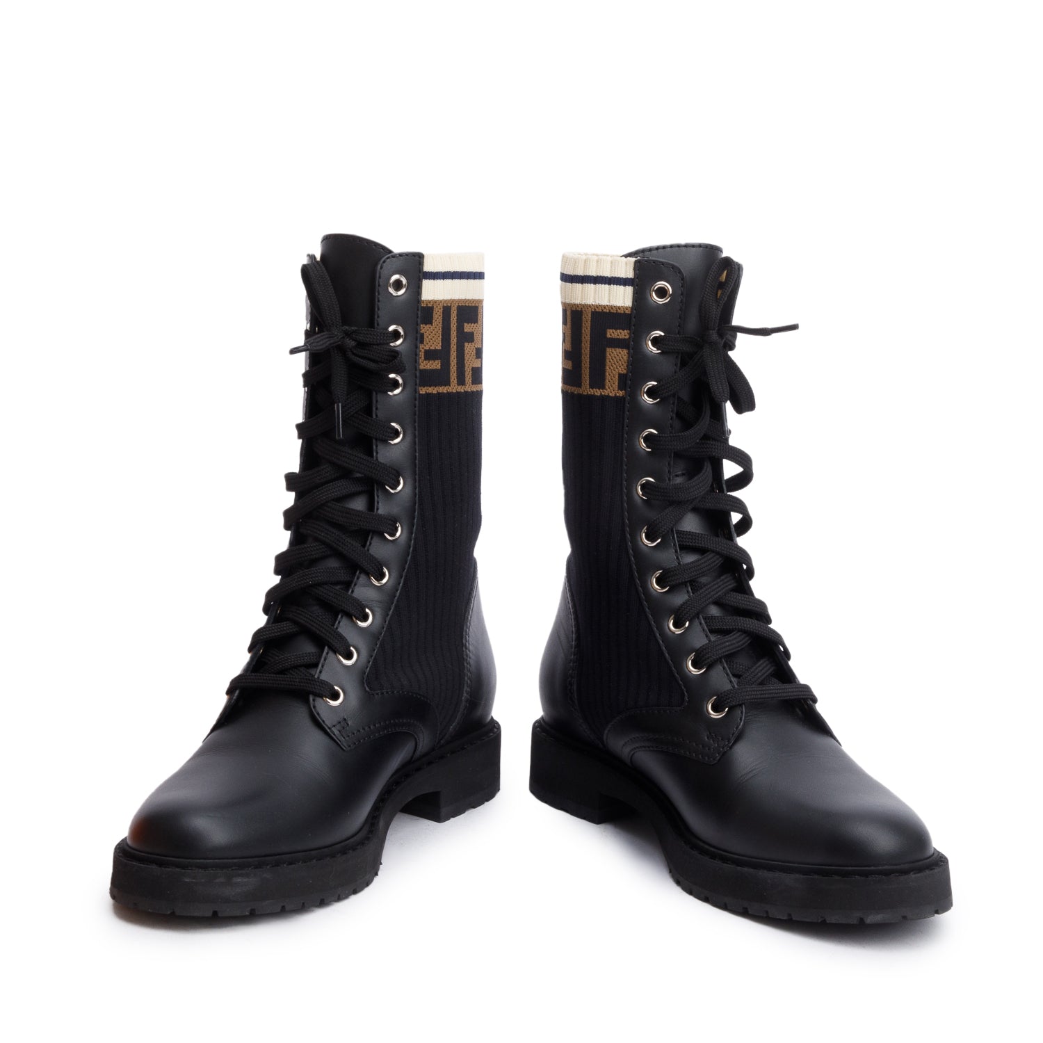 Fendi Black Leather FF Stretch Fabric Rockoko Biker Boots, Size 38 w/ Box