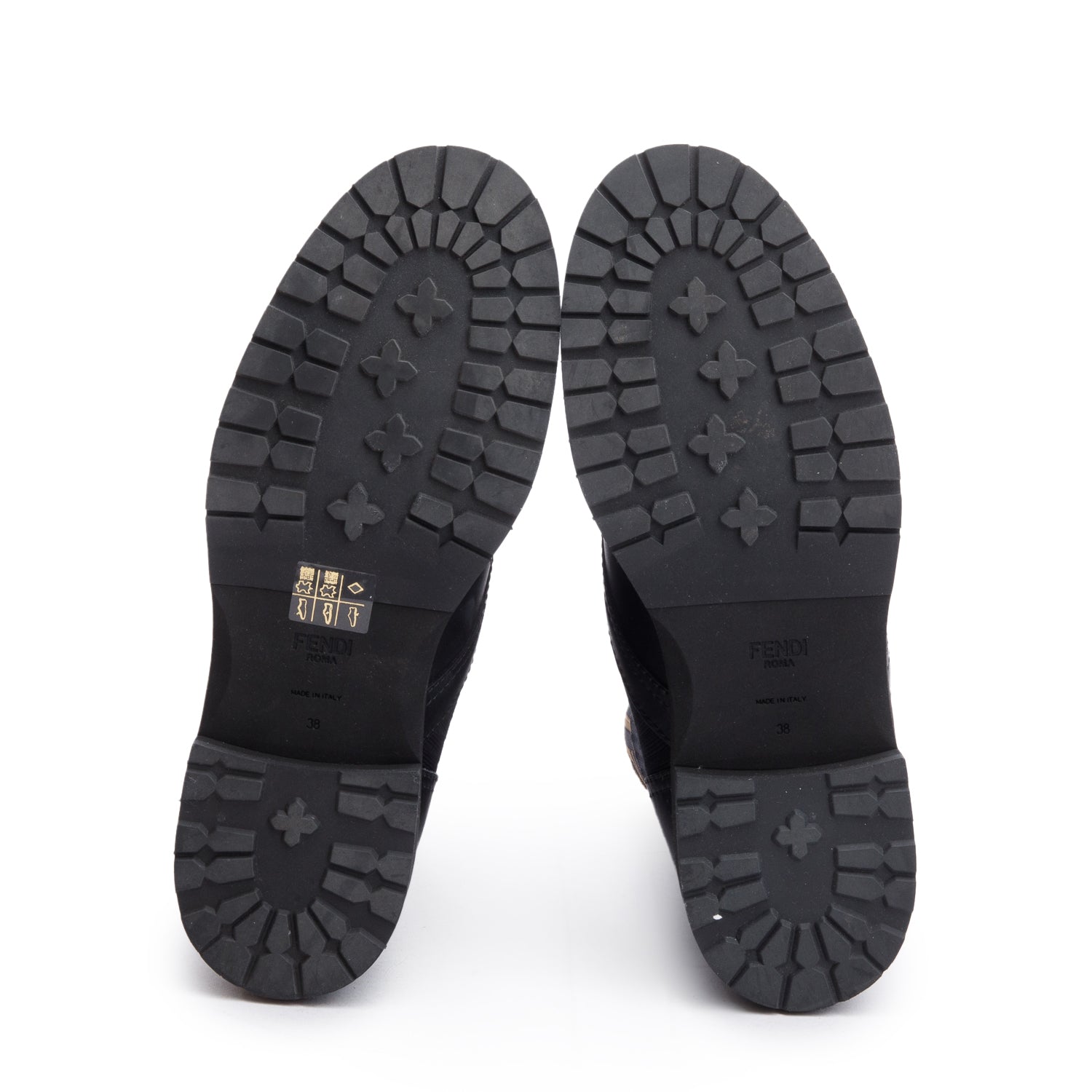 Fendi Black Leather FF Stretch Fabric Rockoko Biker Boots, Size 38 w/ Box