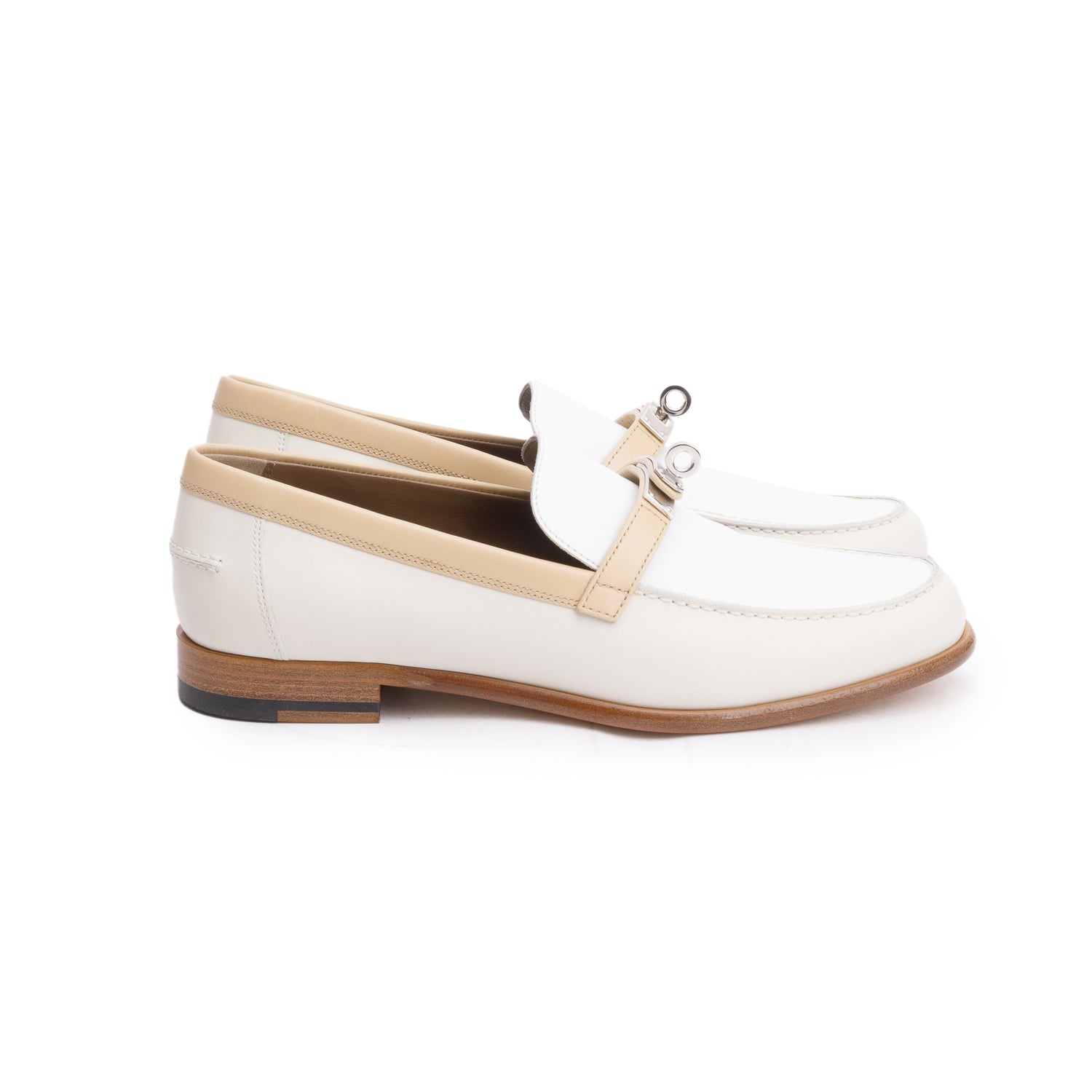 Hermes Blanc/Beige Calfskin Leather Destin Loafer, Size 39.5 w/ Box