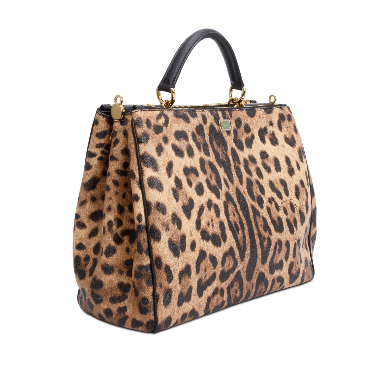 Dolce & Gabbana Leopard Print Leather Large Miss Sicily Double Zip Bag w/ Strap & Authenticity Card