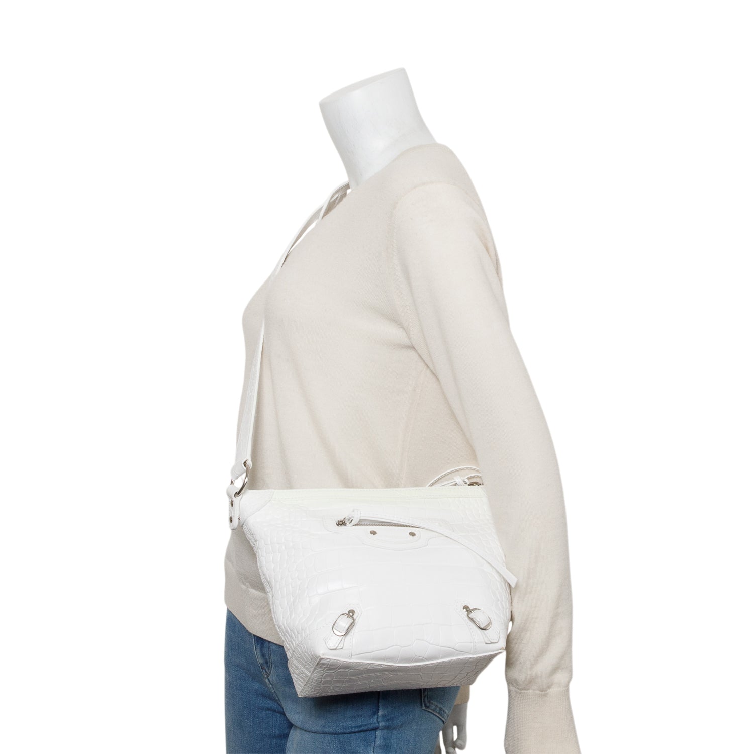 Balenciaga White Crocodile Embossed Leather XS Neo Classic Hobo Bag