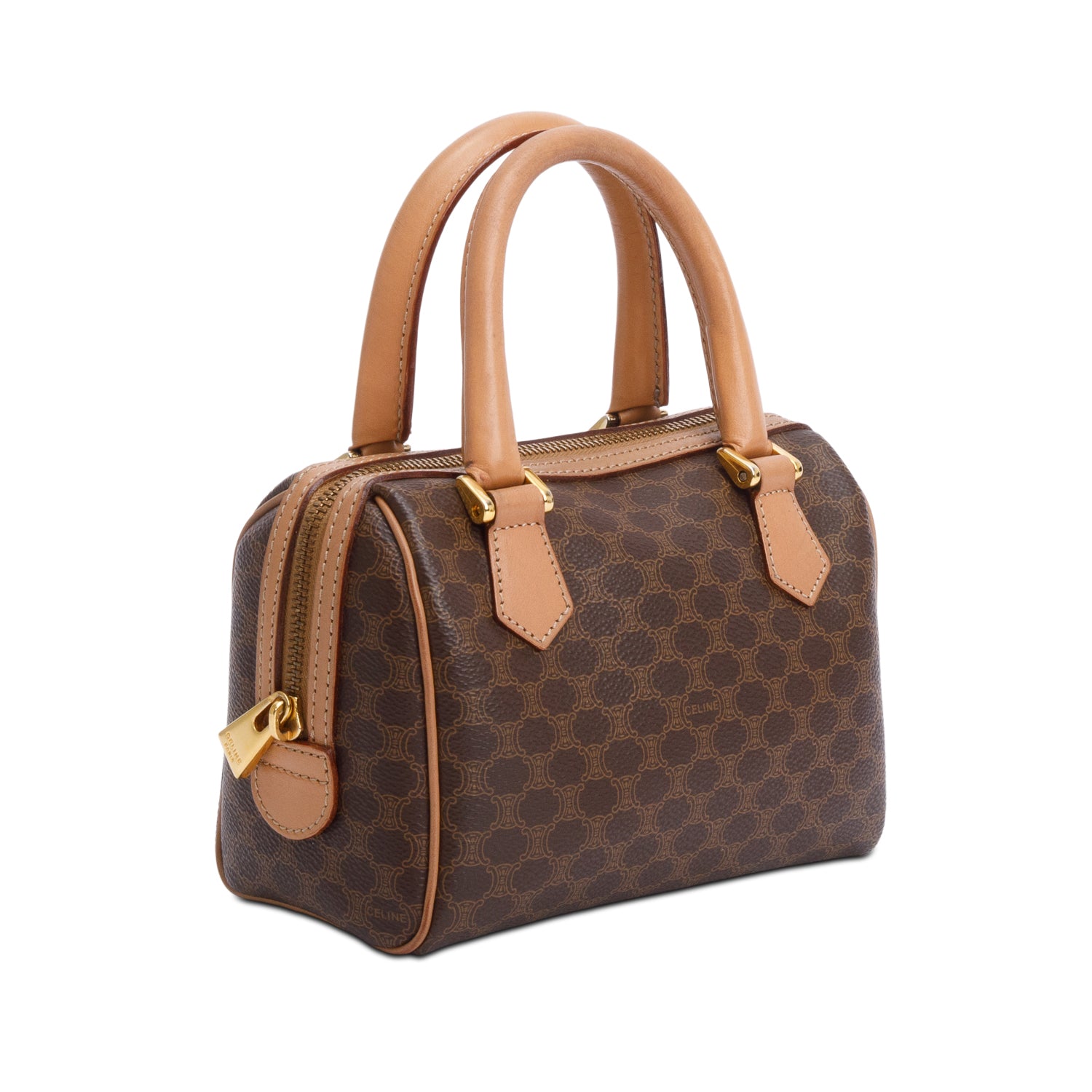 Celine Brown Triomphe Canvas Small Boston Bag w/ Strap