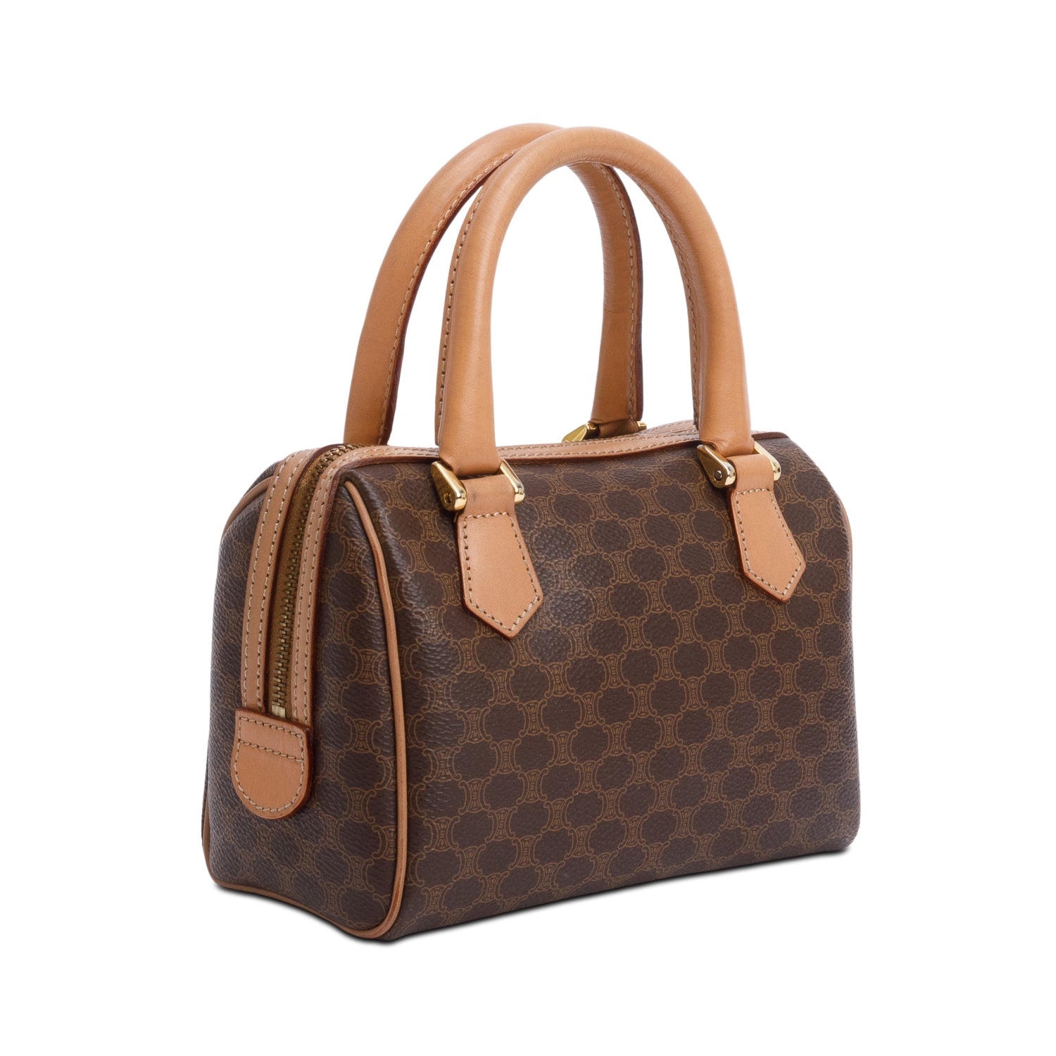 Celine Brown Triomphe Canvas Small Boston Bag w/ Strap