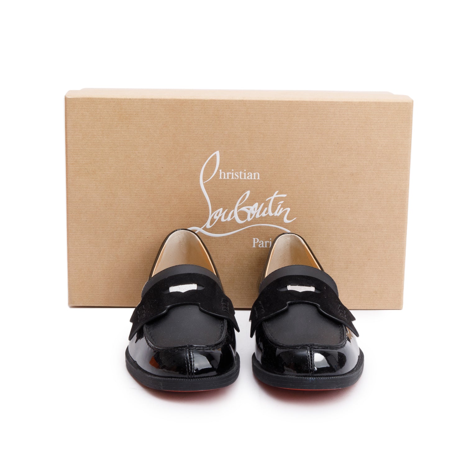 Christian Louboutin Black Patent Leather Suede Mini Penny Flat Shoes, Size 35 w/ Box
