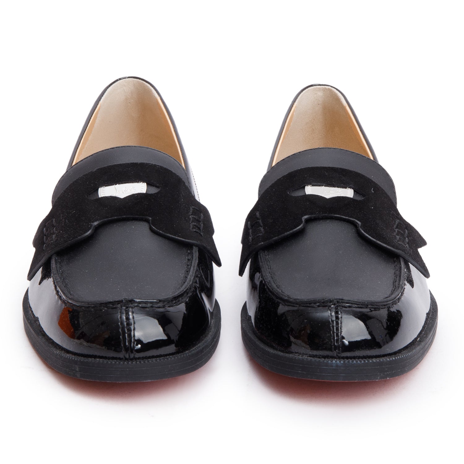 Christian Louboutin Black Patent Leather Suede Mini Penny Flat Shoes, Size 35 w/ Box