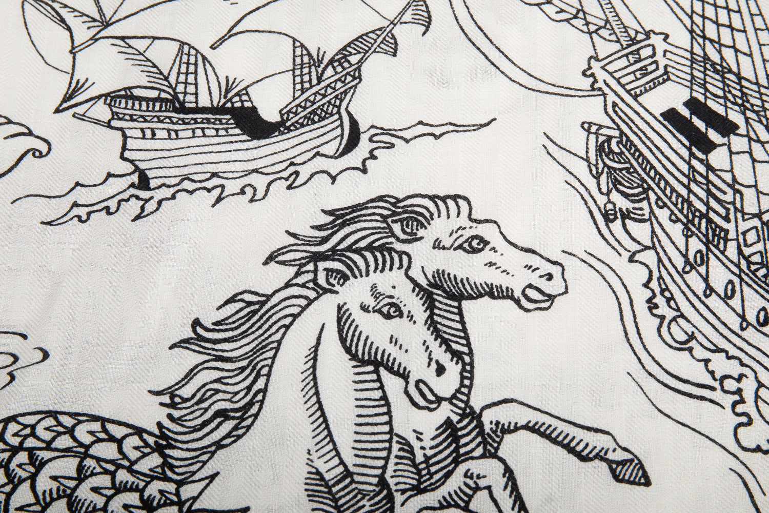 Hermes Black & White 'Tatouages Marins' Cashmere Silk Shawl 140