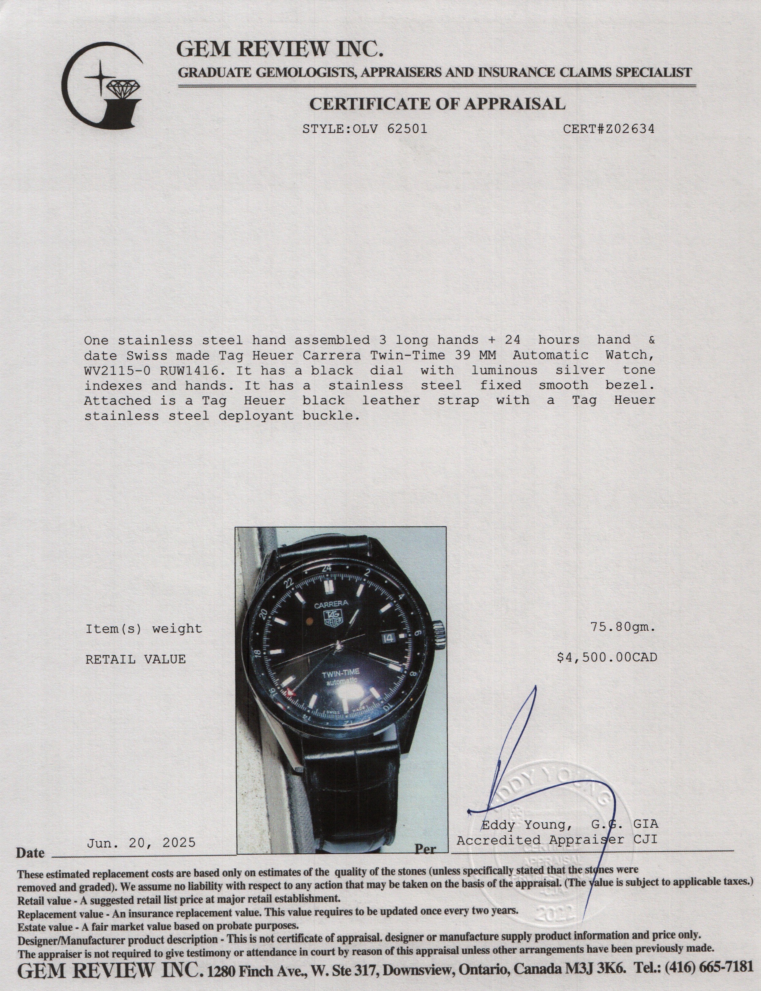 Tag Heuer Stainless Steel Carrera Twin-Time 39 MM Automatic Watch WV2115-0 w/ Box