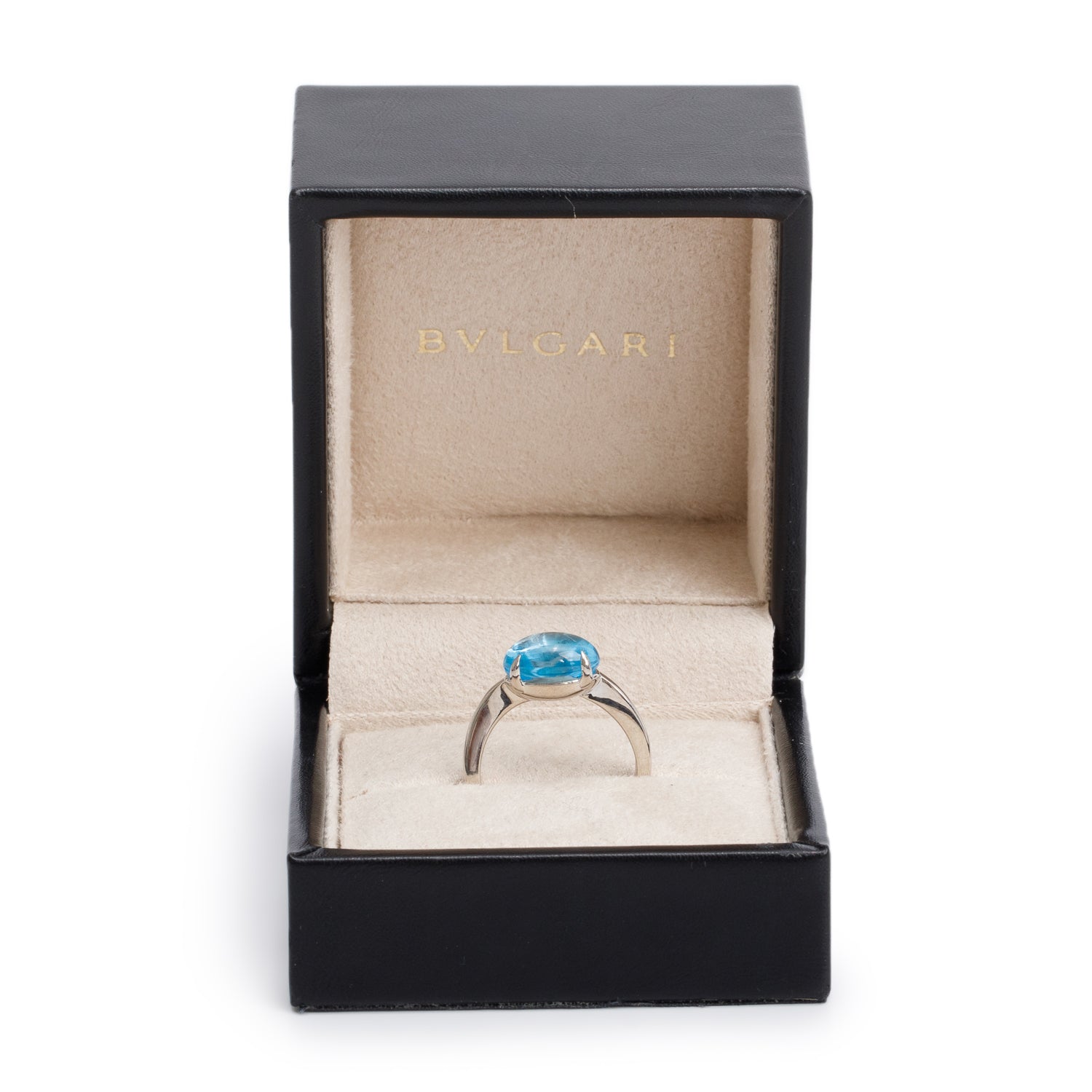BVLGARI 18k White Gold Blue Topaz Sassi Mediterranean Eden Ring, Size 7 w/ Box