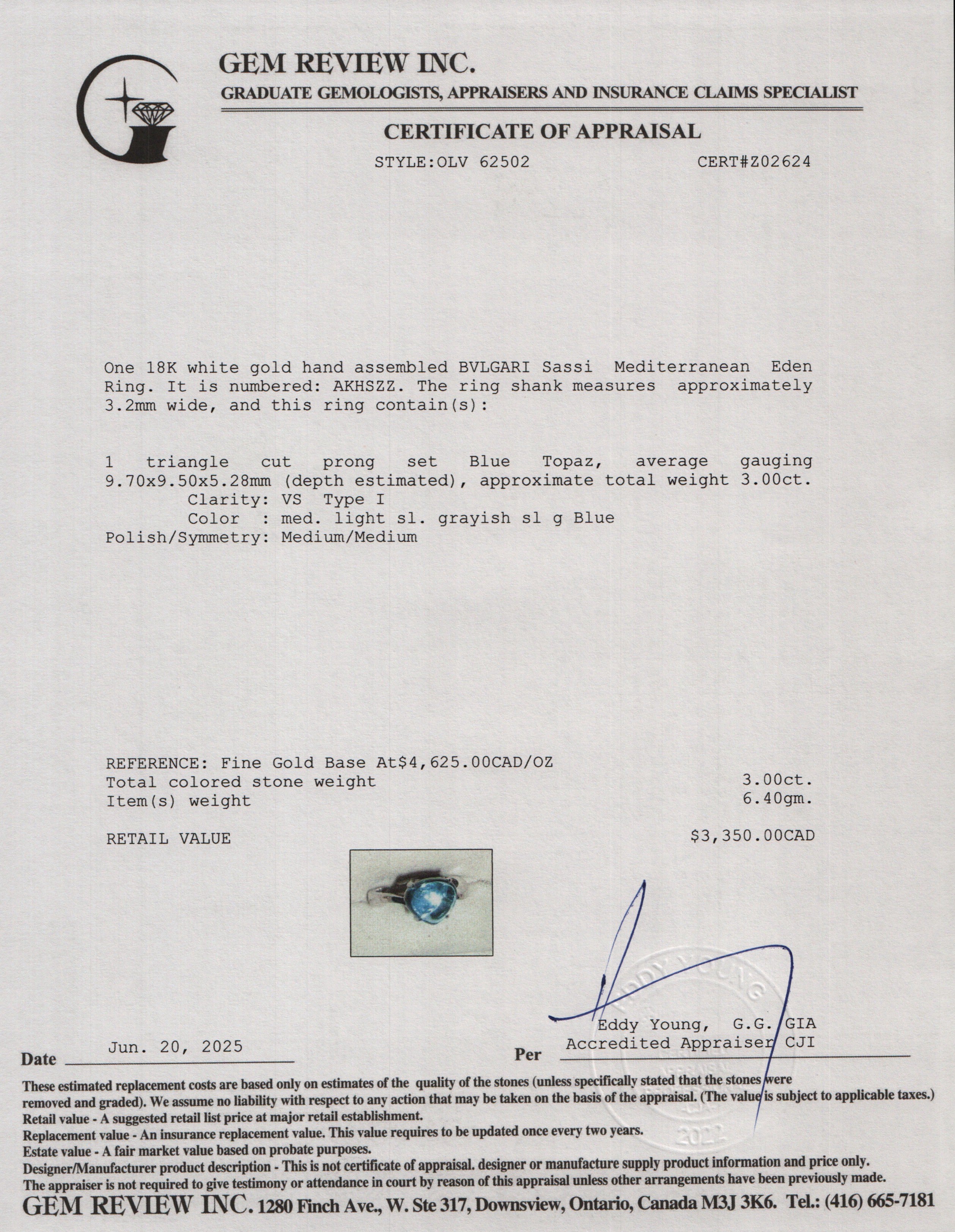 BVLGARI 18k White Gold Blue Topaz Sassi Mediterranean Eden Ring, Size 7 w/ Box