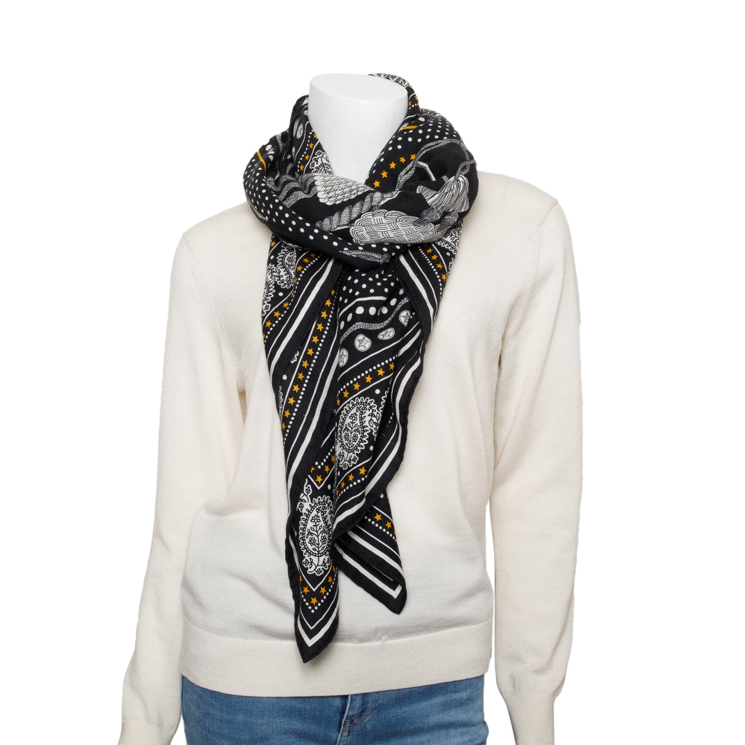 Hermes Black & Multicolor 'Zounes Et Dragons' Cashmere Silk Shawl 140