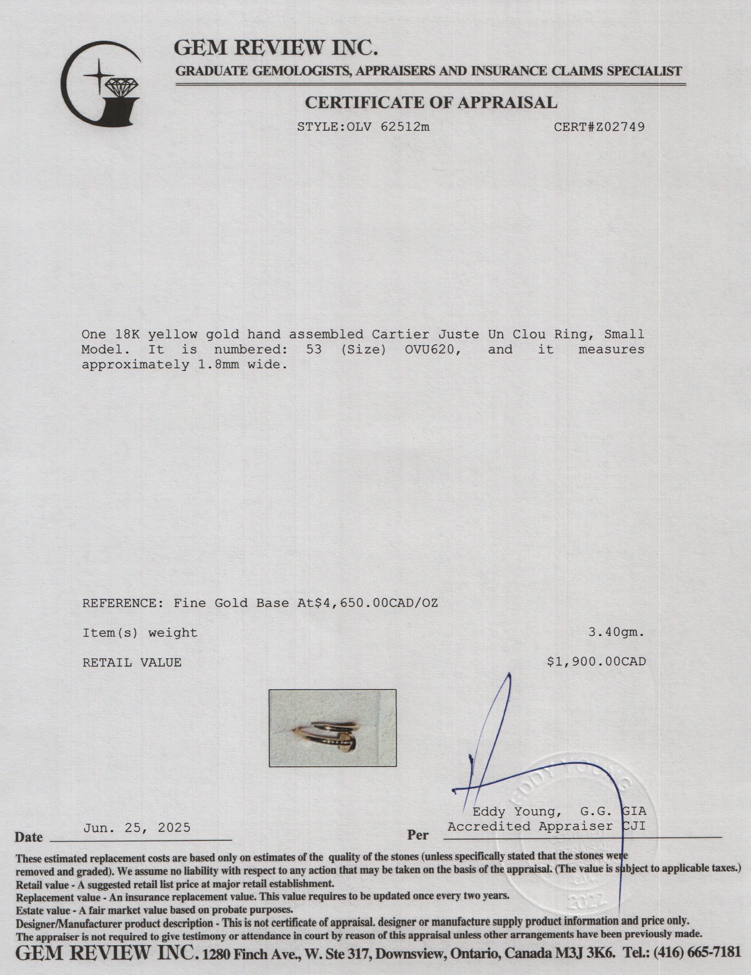 Cartier 18k Yellow Gold Juste Un Clou Ring, Small Model, Size 53 6.25 w/ Box, Receipt & Certificate