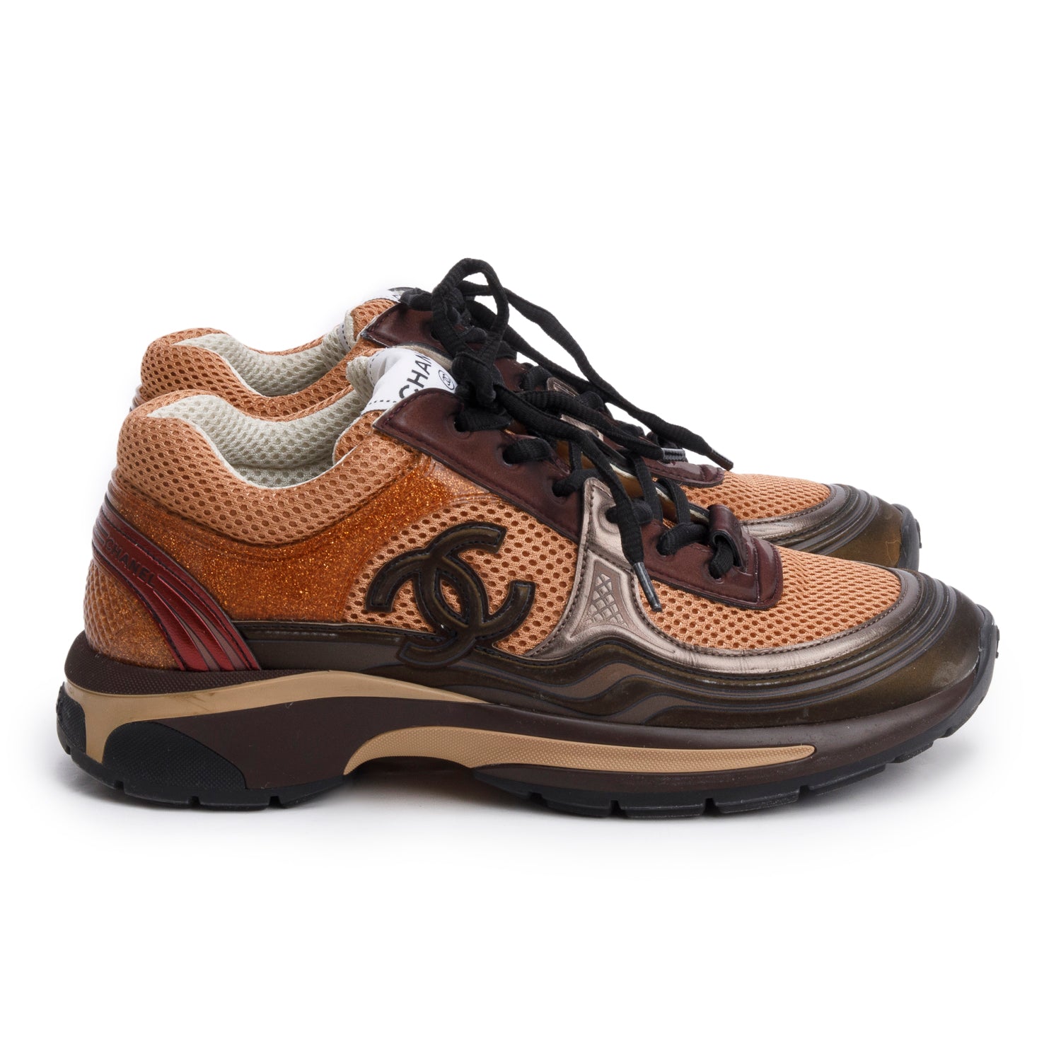 Chanel Brown PVC, Calfskin & Mesh CC Logo Low-Top Sneakers, Size 37.5